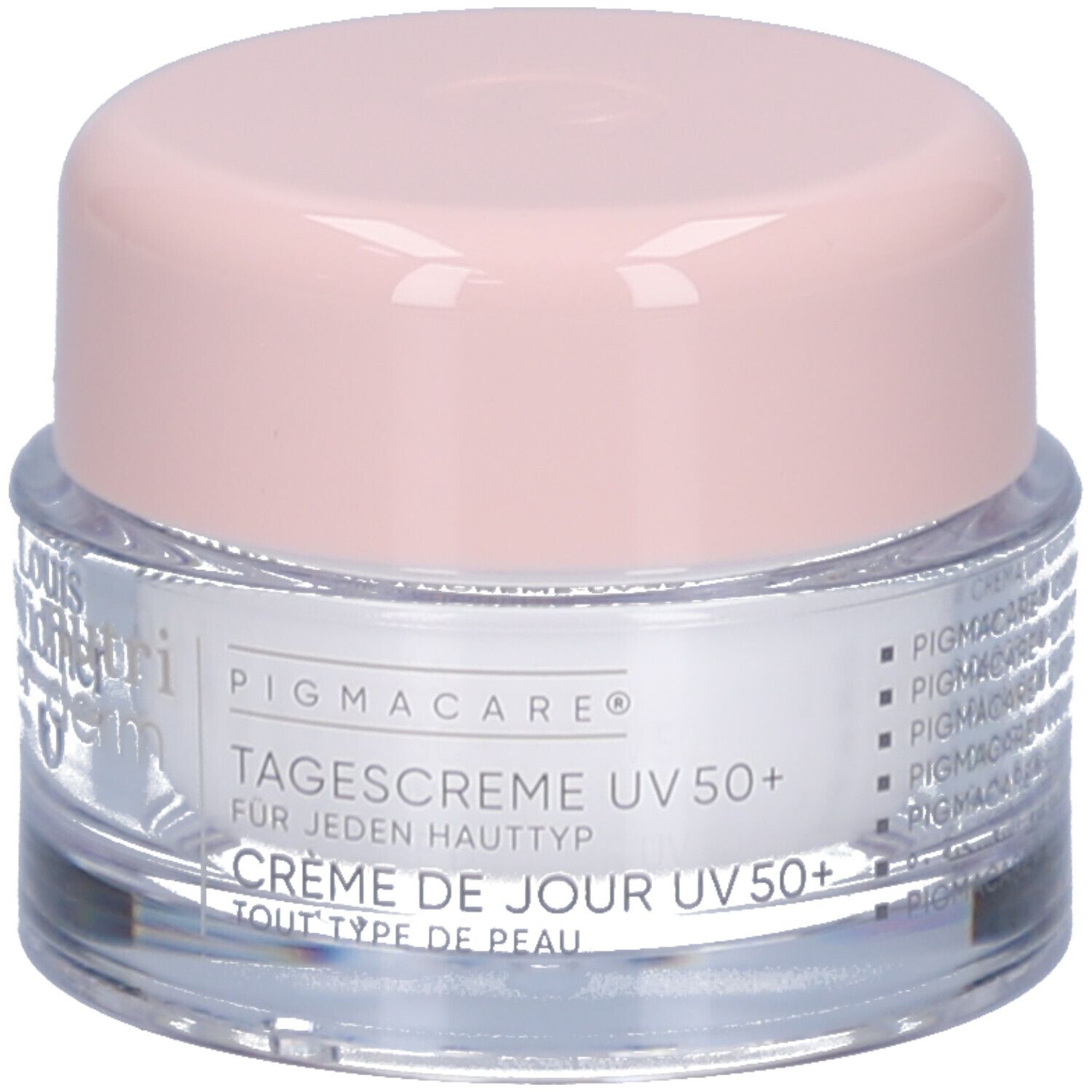 Creme-Tiegel mit rosa Deckel. Auf dem Tiegel steht "TAGESCREME UV 50+".