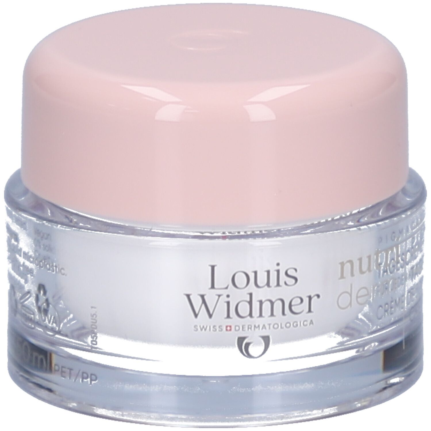 Creme-Tiegel mit rosa Deckel. Auf dem Tiegel steht "Louis Widmer nutriderm".