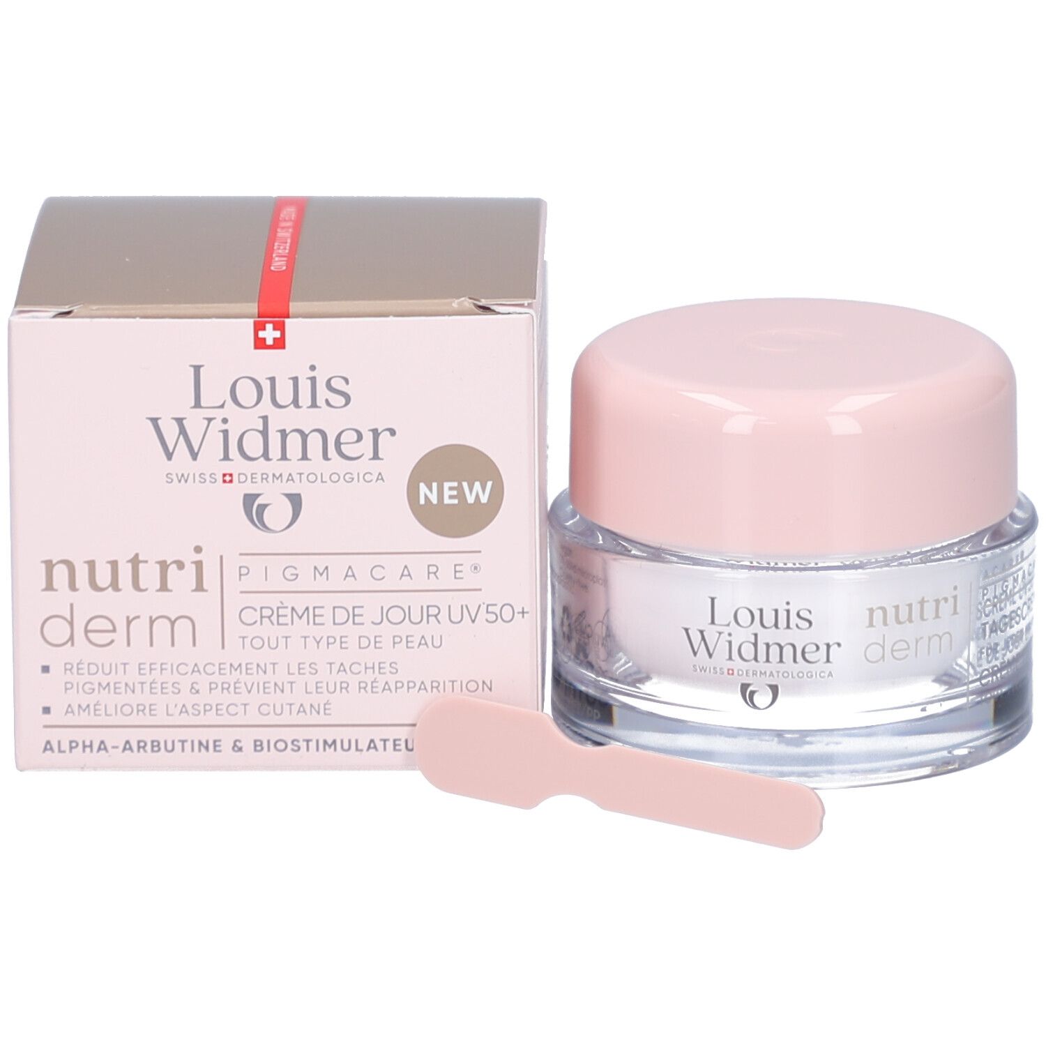 Creme-Tiegel und Schachtel. Auf der Schachtel steht "Louis Widmer nutriderm".