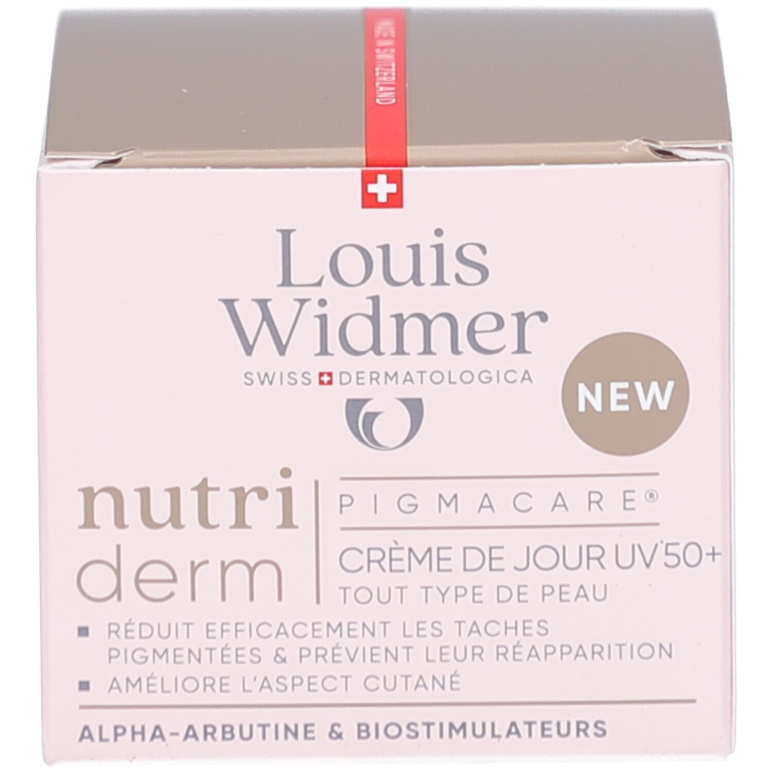 Schachtel mit Text. Auf der Schachtel steht "Louis Widmer nutriderm".