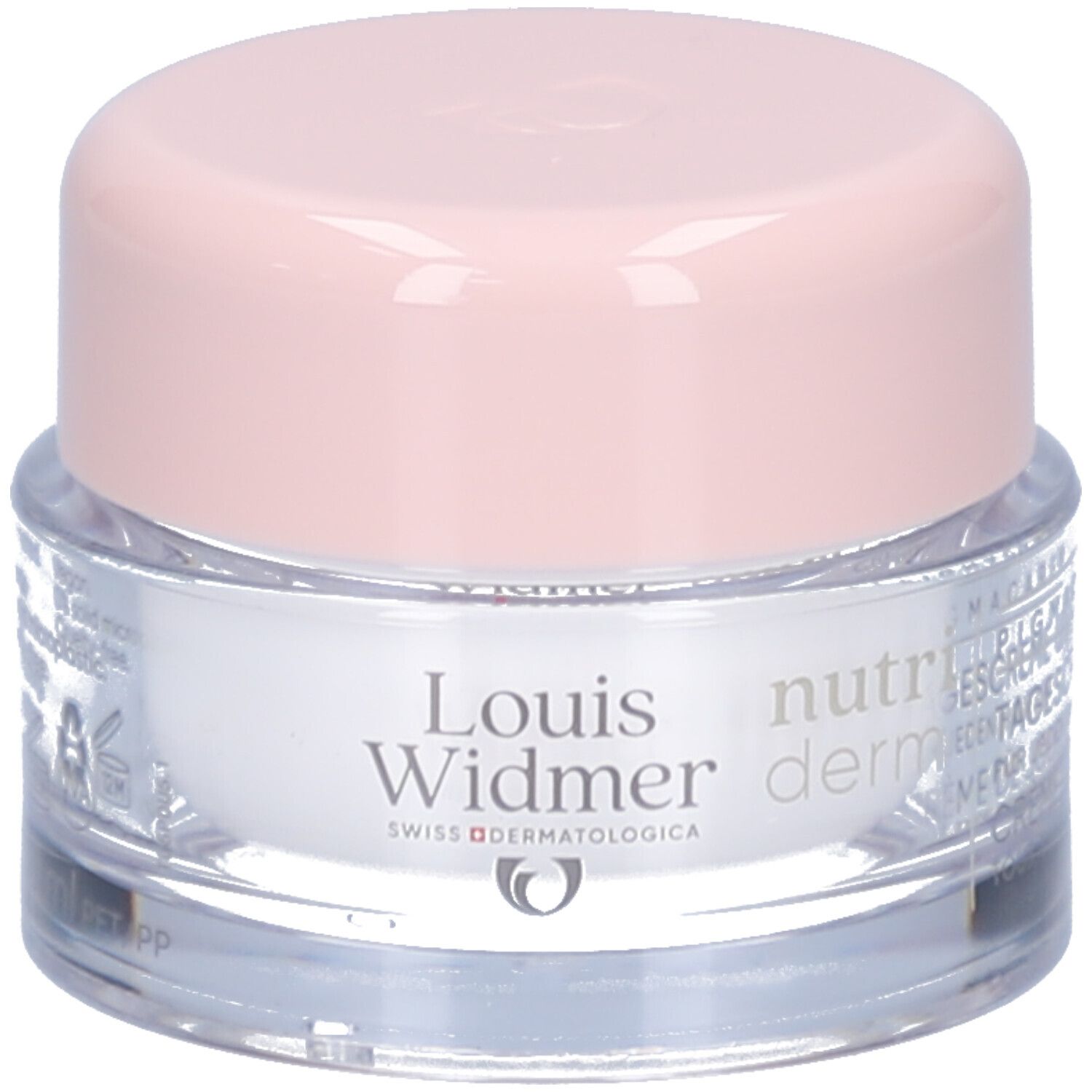 Creme-Tiegel mit rosa Deckel. Aufschrift: Louis Widmer, nutriderm. Produktname nicht lesbar.