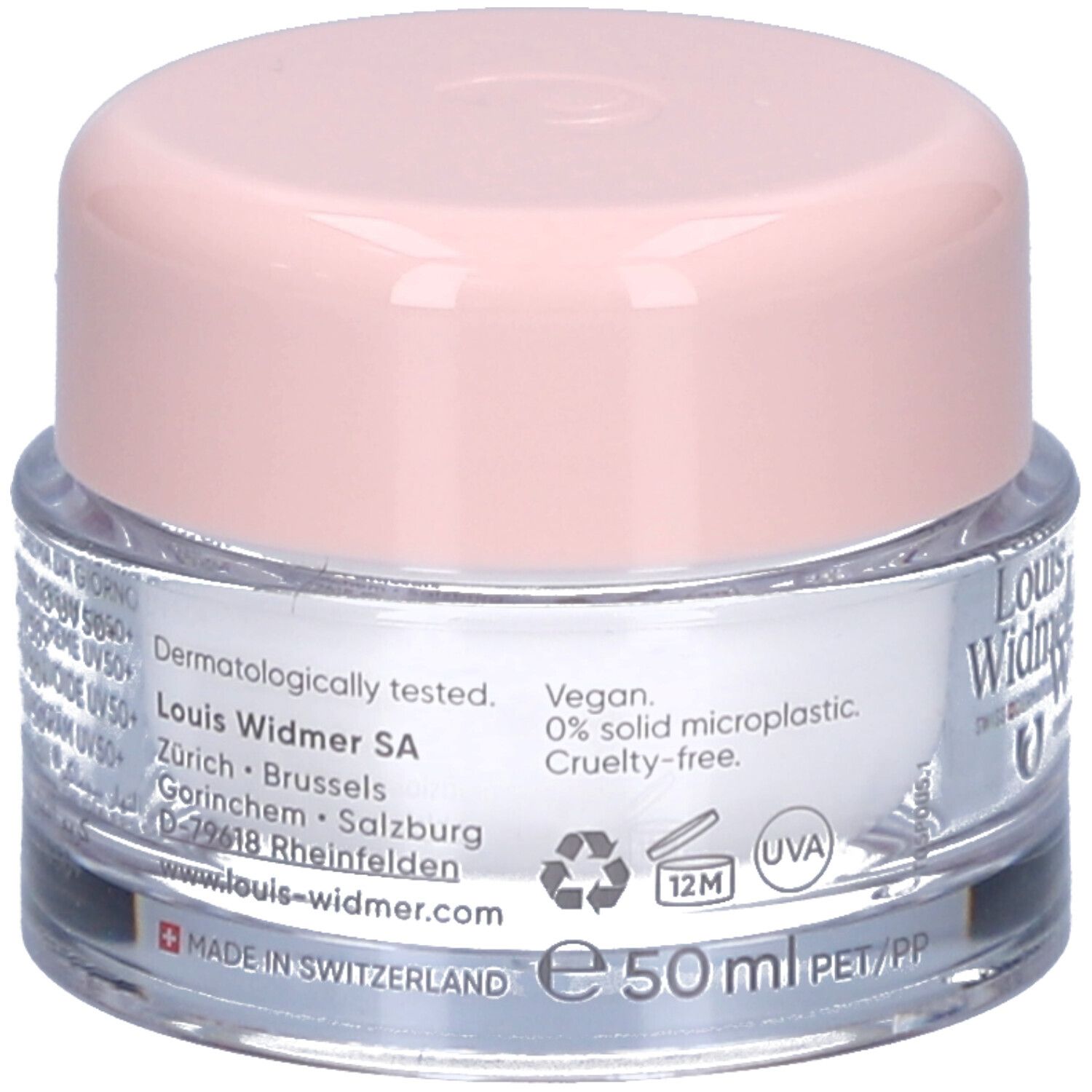 Creme-Tiegel mit rosa Deckel. Aufschrift: Louis Widmer, Adresse, Vegan, 0% Mikroplastik, Cruelty-free.