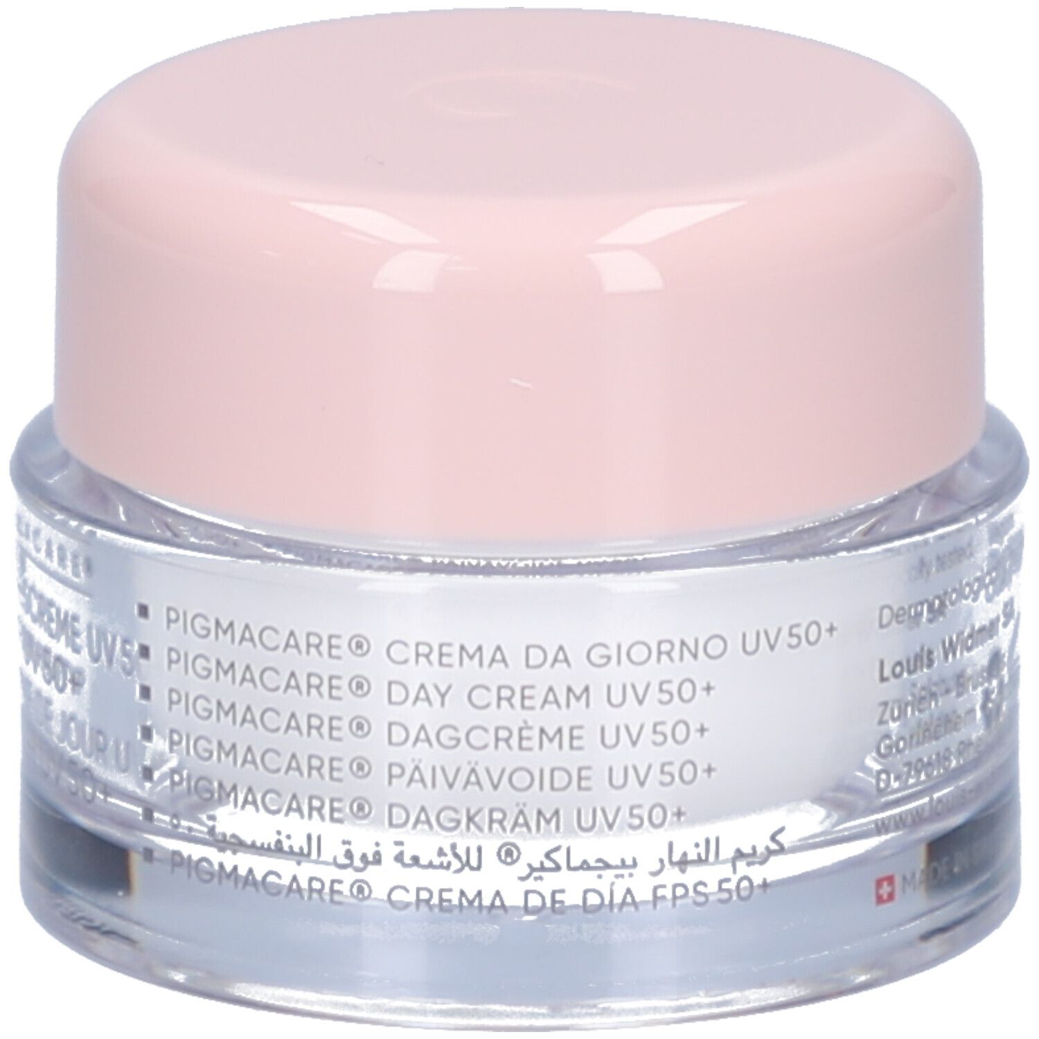Creme-Tiegel mit rosa Deckel. Aufschrift: PIGMACARE, Tagescreme UV50+, mehrere Sprachen.