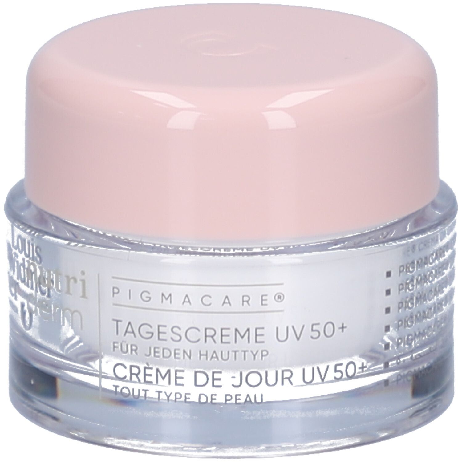 Creme-Tiegel mit rosa Deckel. Aufschrift: PIGMACARE, Tagescreme UV50+ für jeden Hauttyp, Crème de Jour.