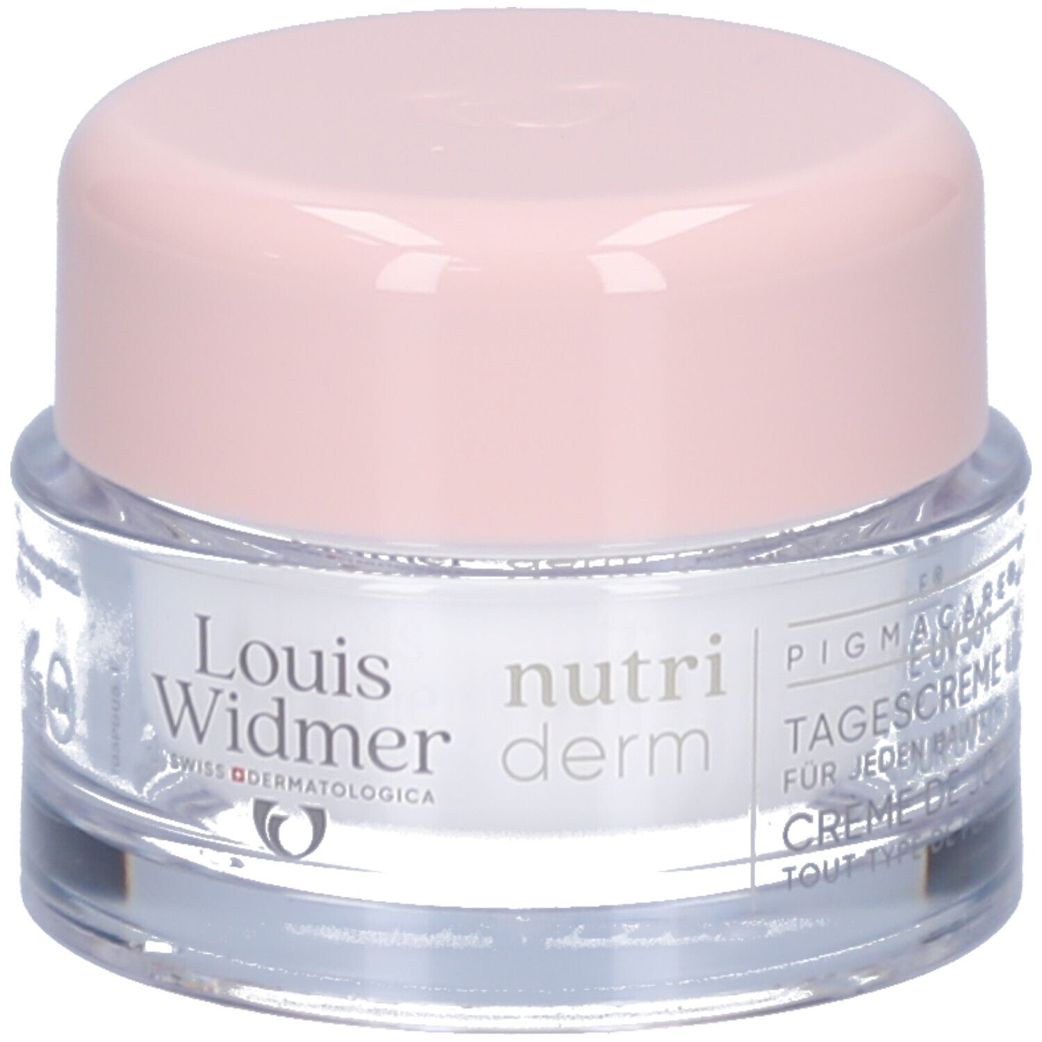 Creme-Tiegel mit rosa Deckel. Aufschrift: Louis Widmer, nutriderm, Tagescreme UV50+, Crème de Jour.