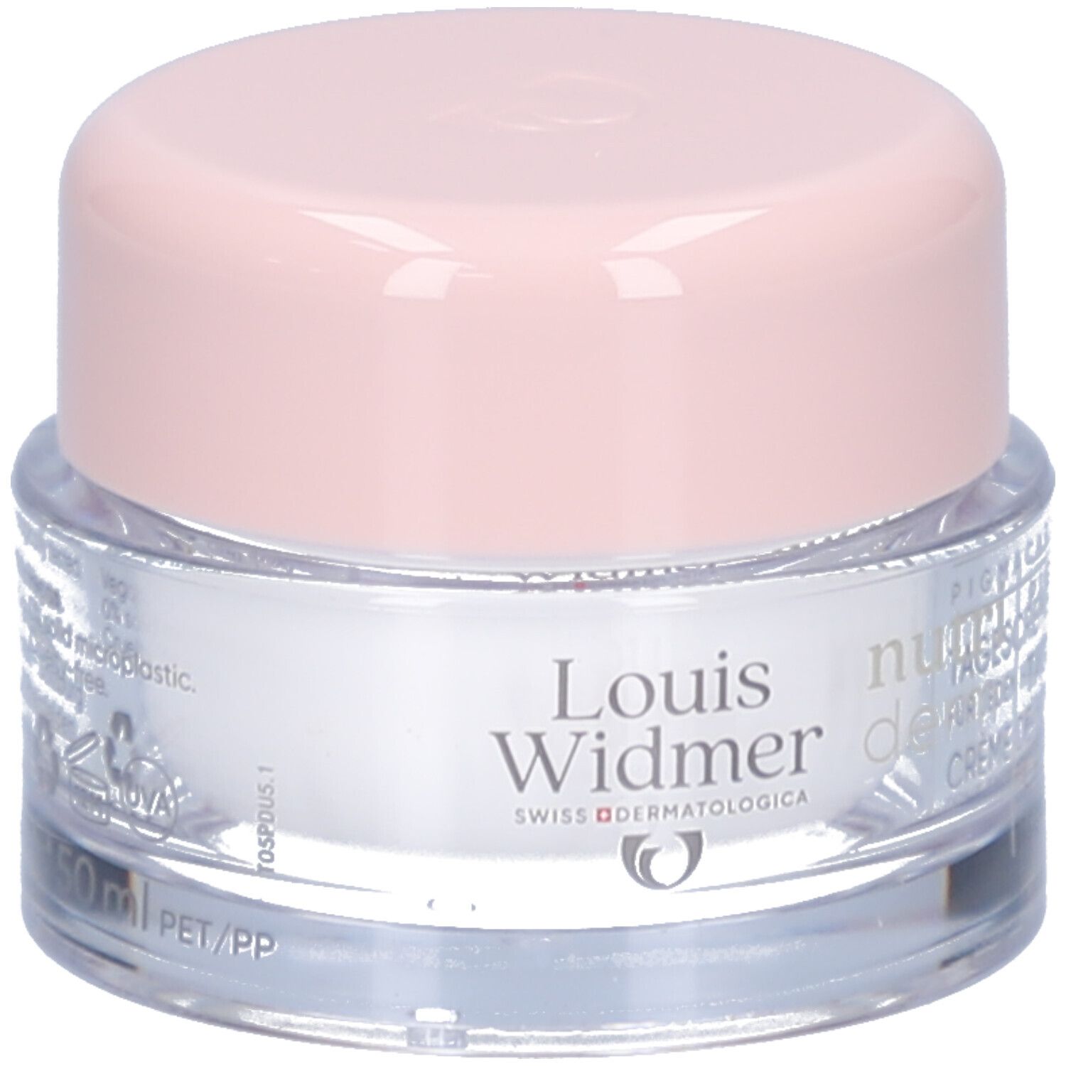 Creme-Tiegel mit rosa Deckel. Aufschrift: Louis Widmer, nutriderm, Tagescreme UV50+, Crème de Jour.