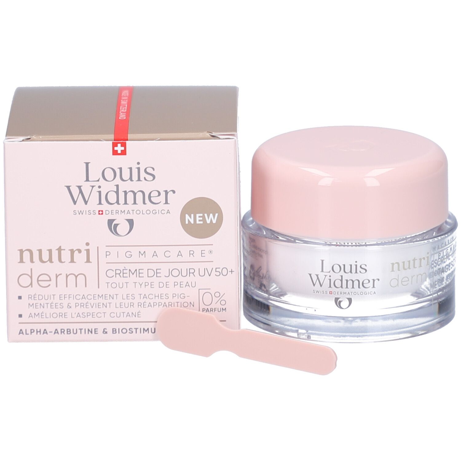 Produktverpackung und Creme-Tiegel mit rosa Deckel. Aufschrift: Louis Widmer, nutriderm, Crème de Jour UV50+.