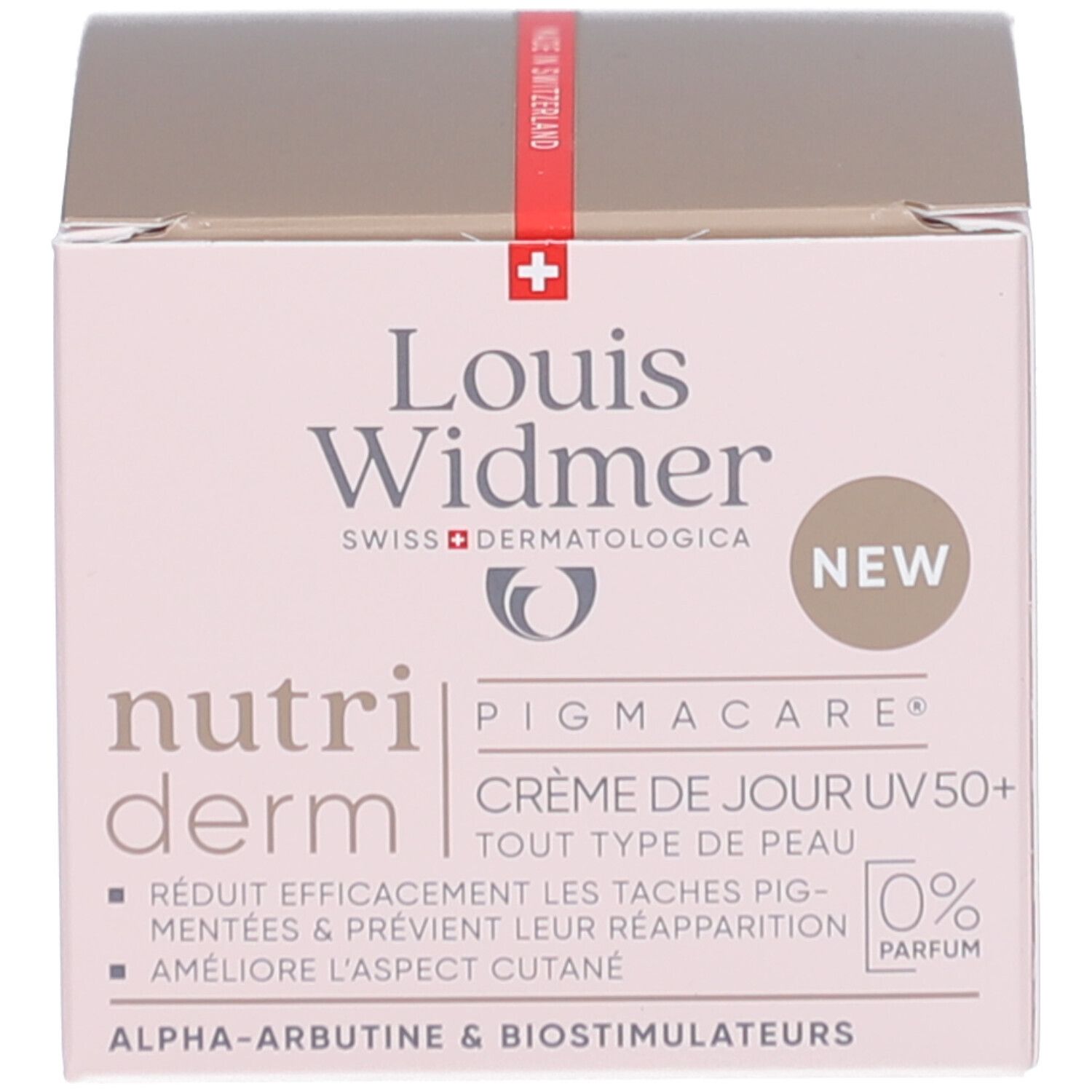 Produktverpackung. Aufschrift: Louis Widmer, nutriderm, Crème de Jour UV50+, 0% Parfum, NEW.
