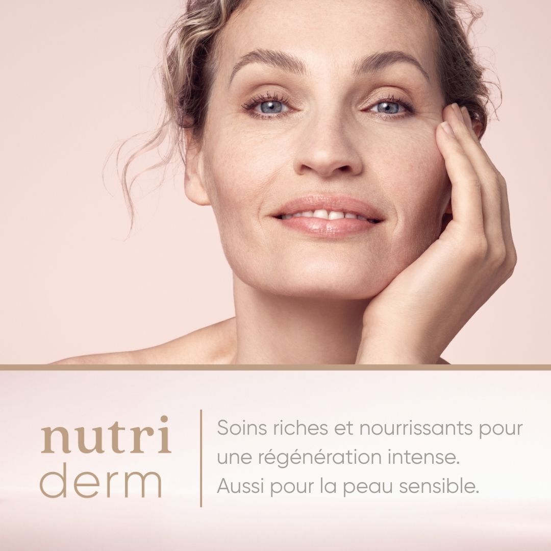Femme avec soin de la peau. Inscription: nutriderm. Texte sur la régénération intense et peau sensible.