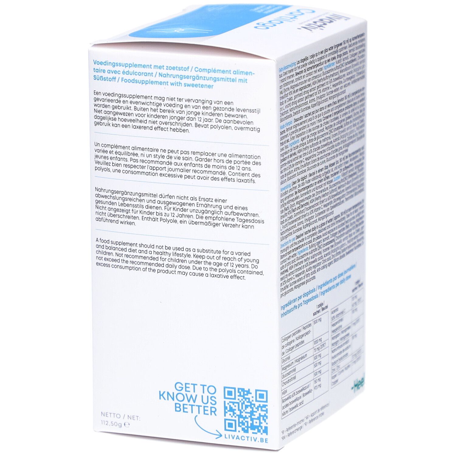 Rückseite der "livactiv Cartilago"-Verpackung. Enthält Informationen zur Anwendung und Warnhinweise. Marke: Heel.