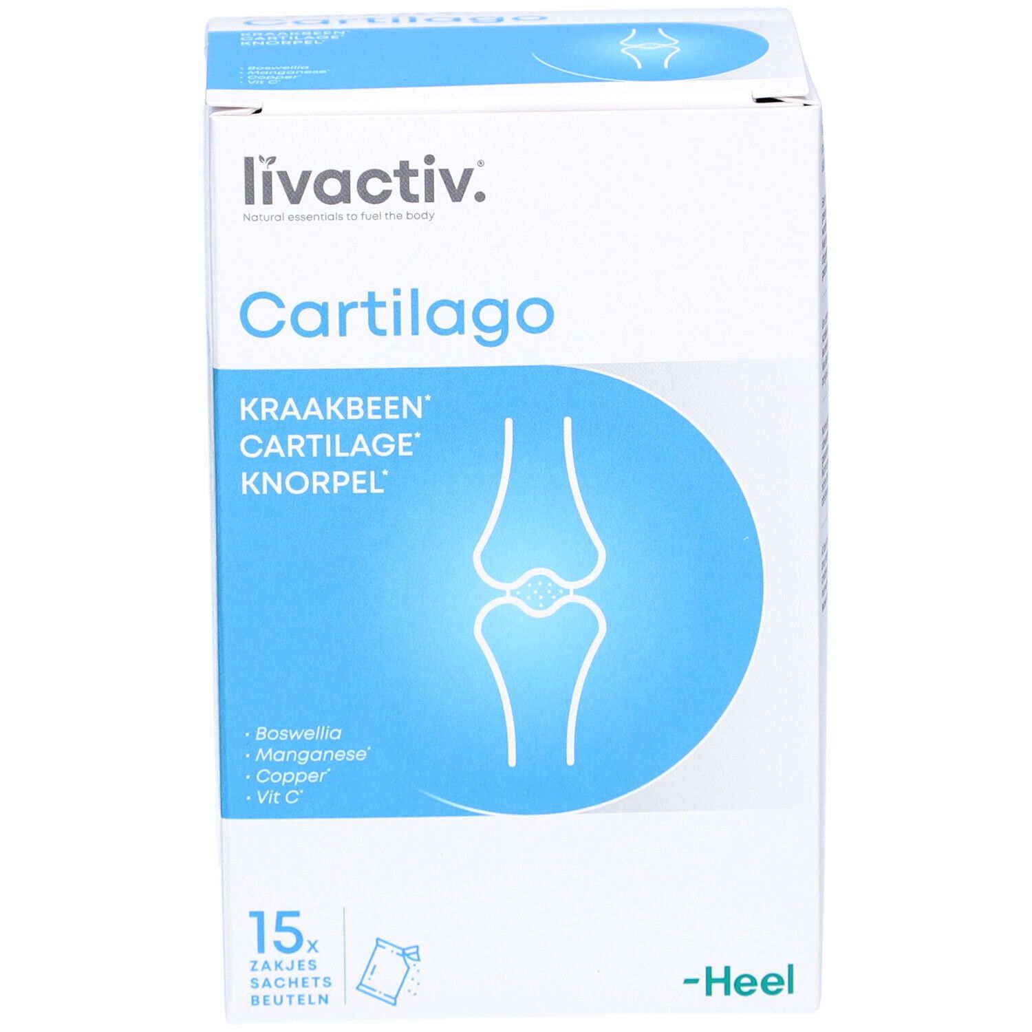Karton "livactiv Cartilago" mit 15 Beuteln. Aufschrift: Knorpel, Boswellia, Mangan, Kupfer, Vit C. Marke: Heel.