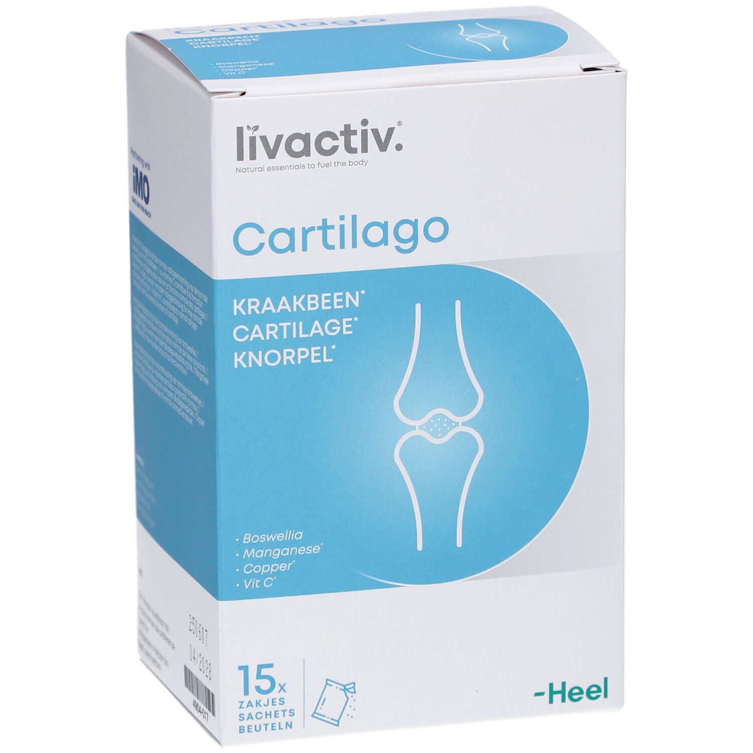 Karton "livactiv Cartilago" mit 15 Beuteln. Aufschrift: Knorpel, Boswellia, Mangan, Kupfer, Vit C. Marke: Heel.