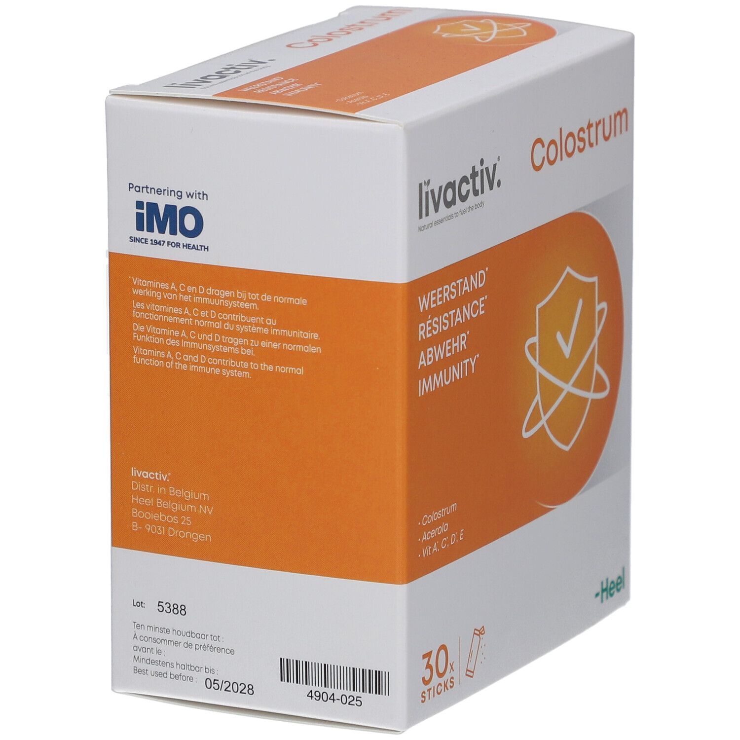 Weißer Karton, orangefarbenes Feld. Aufschrift: livactiv. Colostrum. 30 Sticks. Heel-Logo. IMO-Logo.