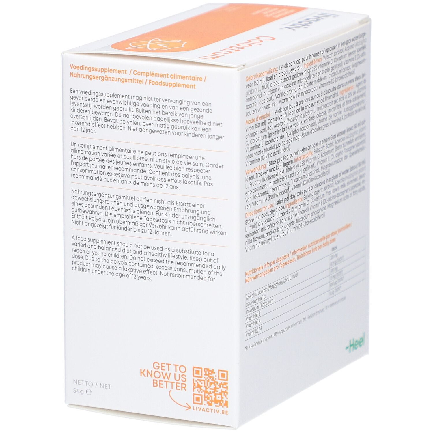 Rückseite des weißen Kartons. Text in mehreren Sprachen. Aufschrift: livactiv. Heel-Logo. QR-Code.