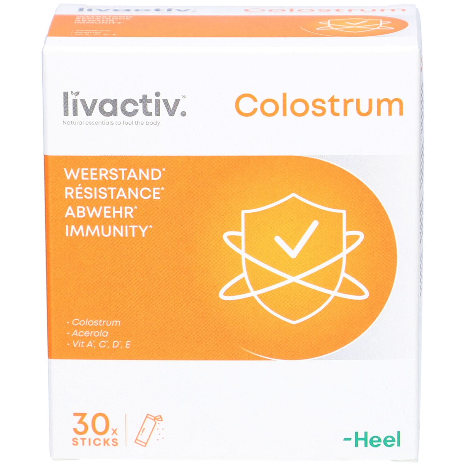 Weißer Karton mit orangefarbenem Feld. Aufschrift: livactiv. Colostrum. 30 Sticks. Heel-Logo.