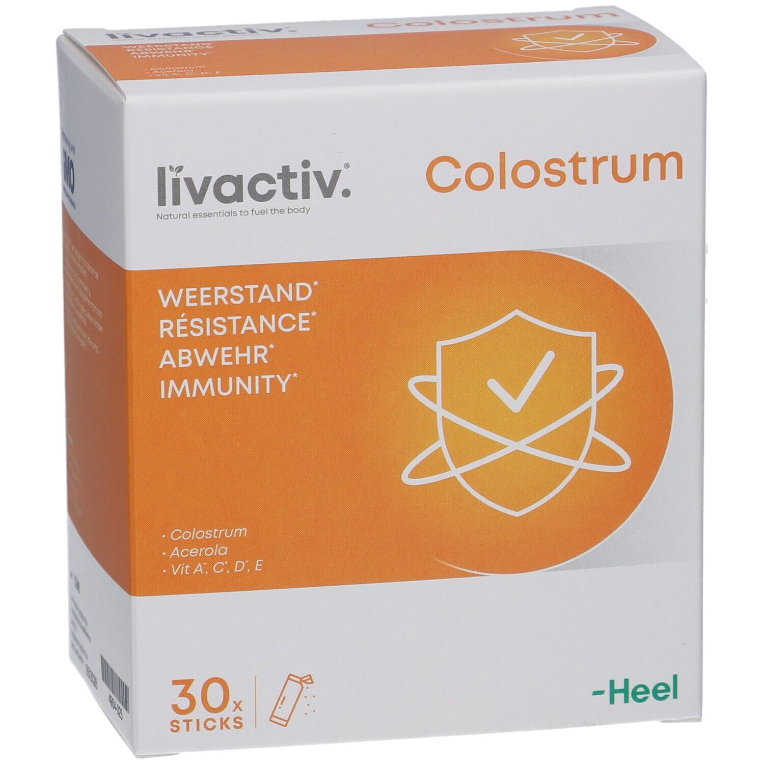 Weißer Karton mit orangefarbenem Feld. Aufschrift: livactiv. Colostrum. 30 Sticks. Heel-Logo.
