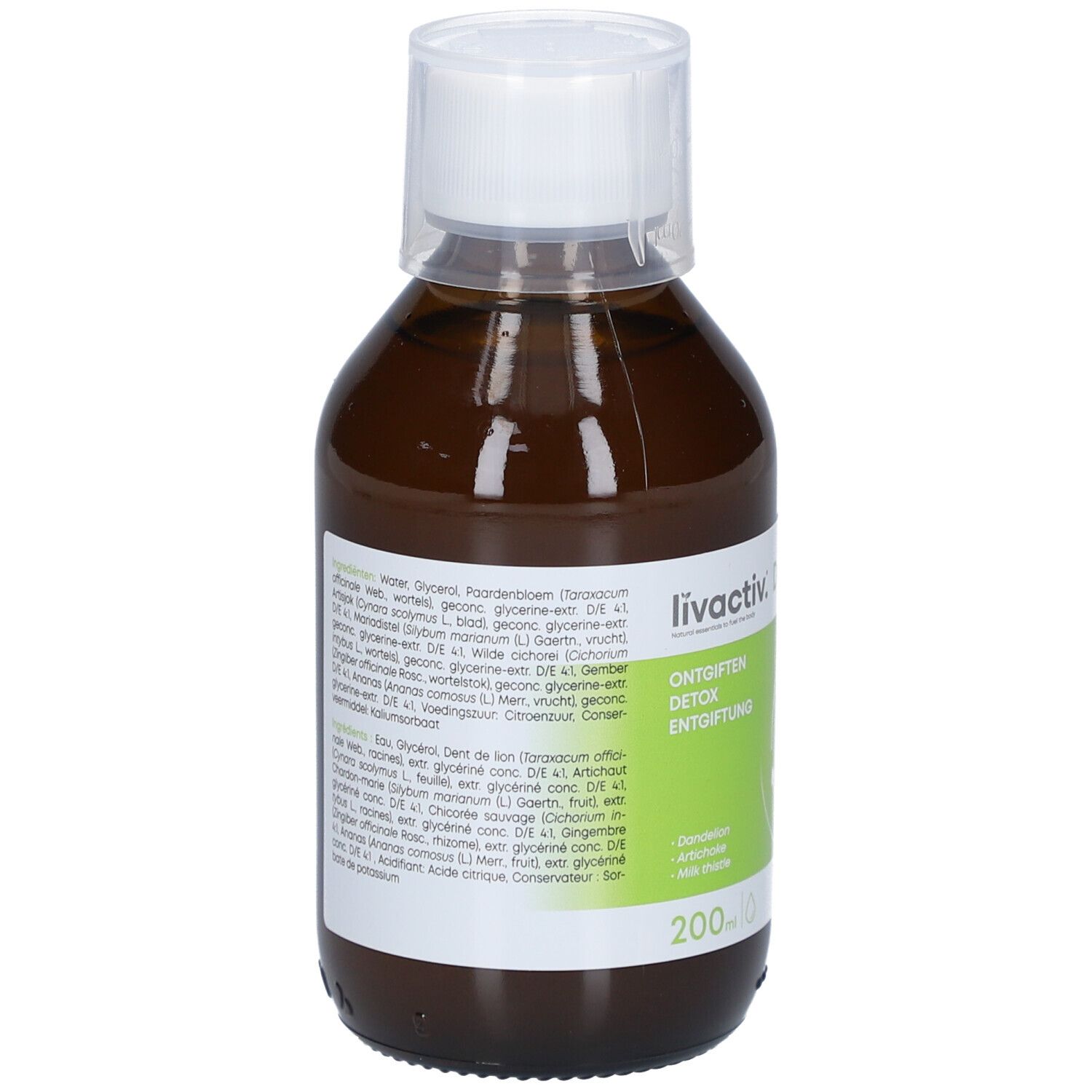 Braune Flasche mit weißem Deckel. Rückseite mit Inhaltsstoffangaben und Aufschrift: livactiv. Detodrain. -Heel.