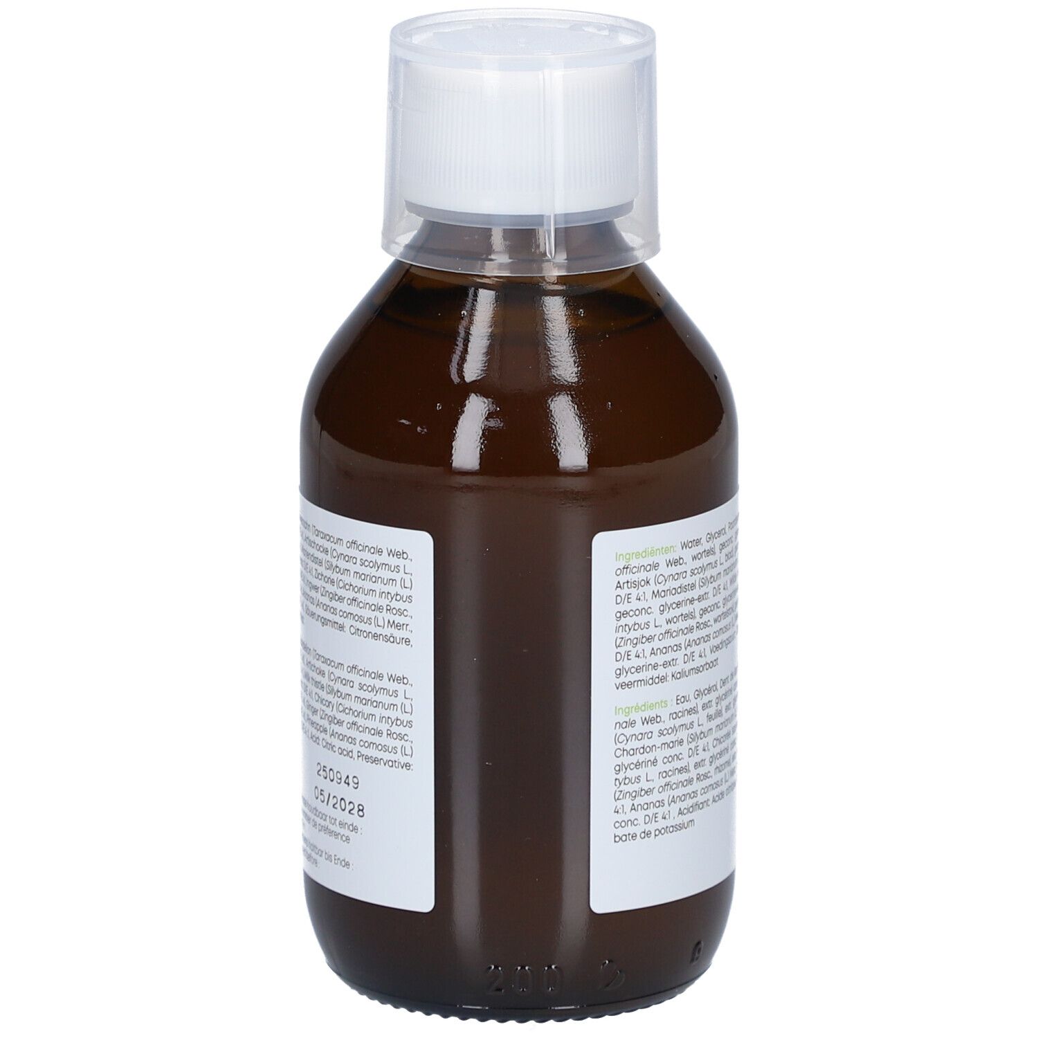 Braune Flasche mit weißem Deckel. Rückseite mit Inhaltsstoffangaben und Aufschrift: livactiv. Detodrain. -Heel.