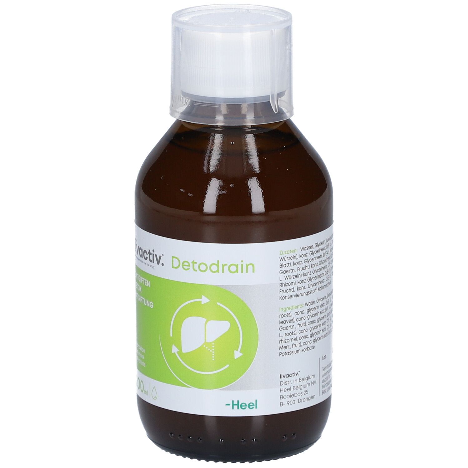 Braune Flasche mit weißem Deckel. Vorderseite mit Aufschrift: livactiv. Detodrain. Grün-weißes Etikett mit Leber-Symbol. -Heel.