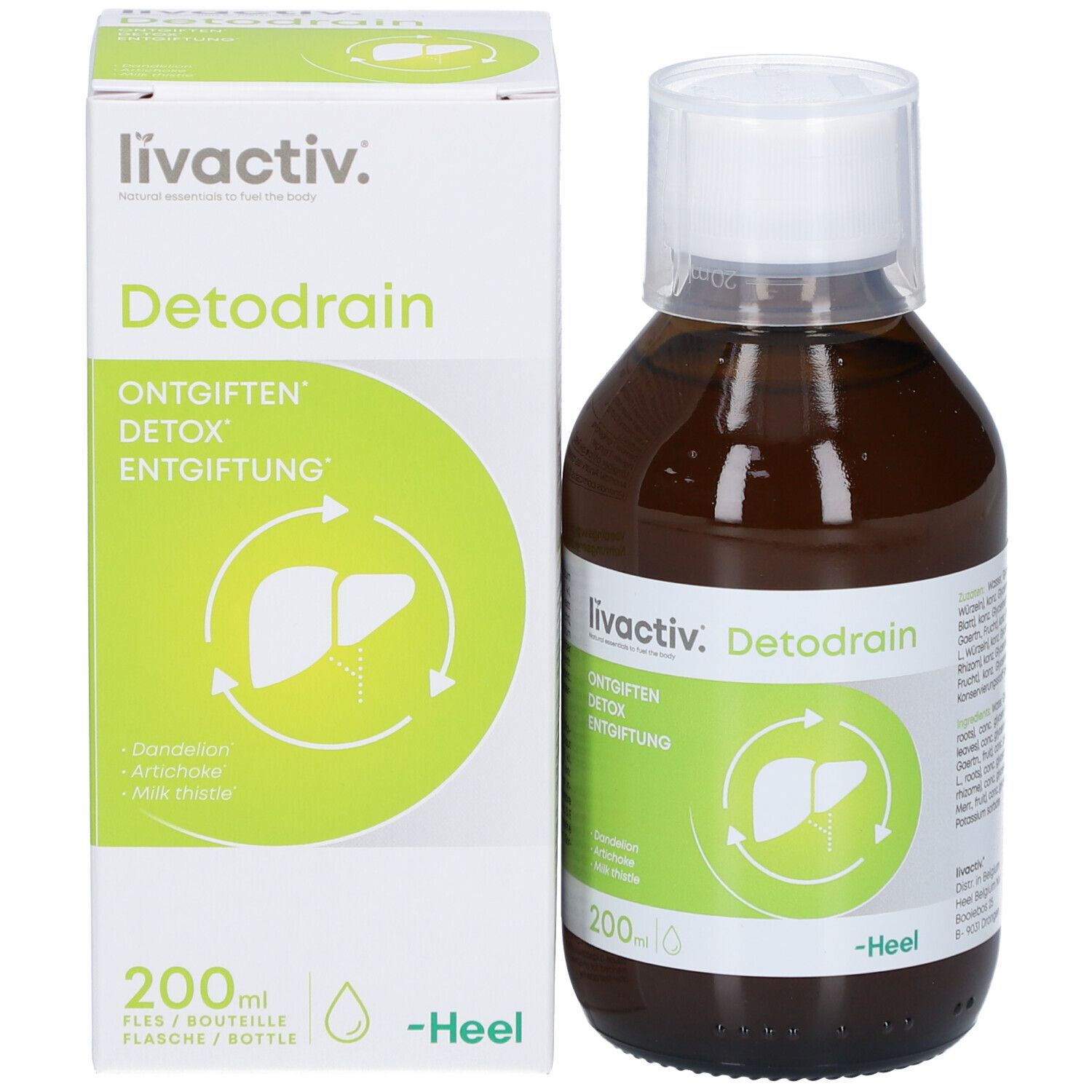 Braune Flasche und Verpackung. Aufschrift: livactiv. Detodrain. Grün-weißes Etikett mit Leber-Symbol. -Heel.