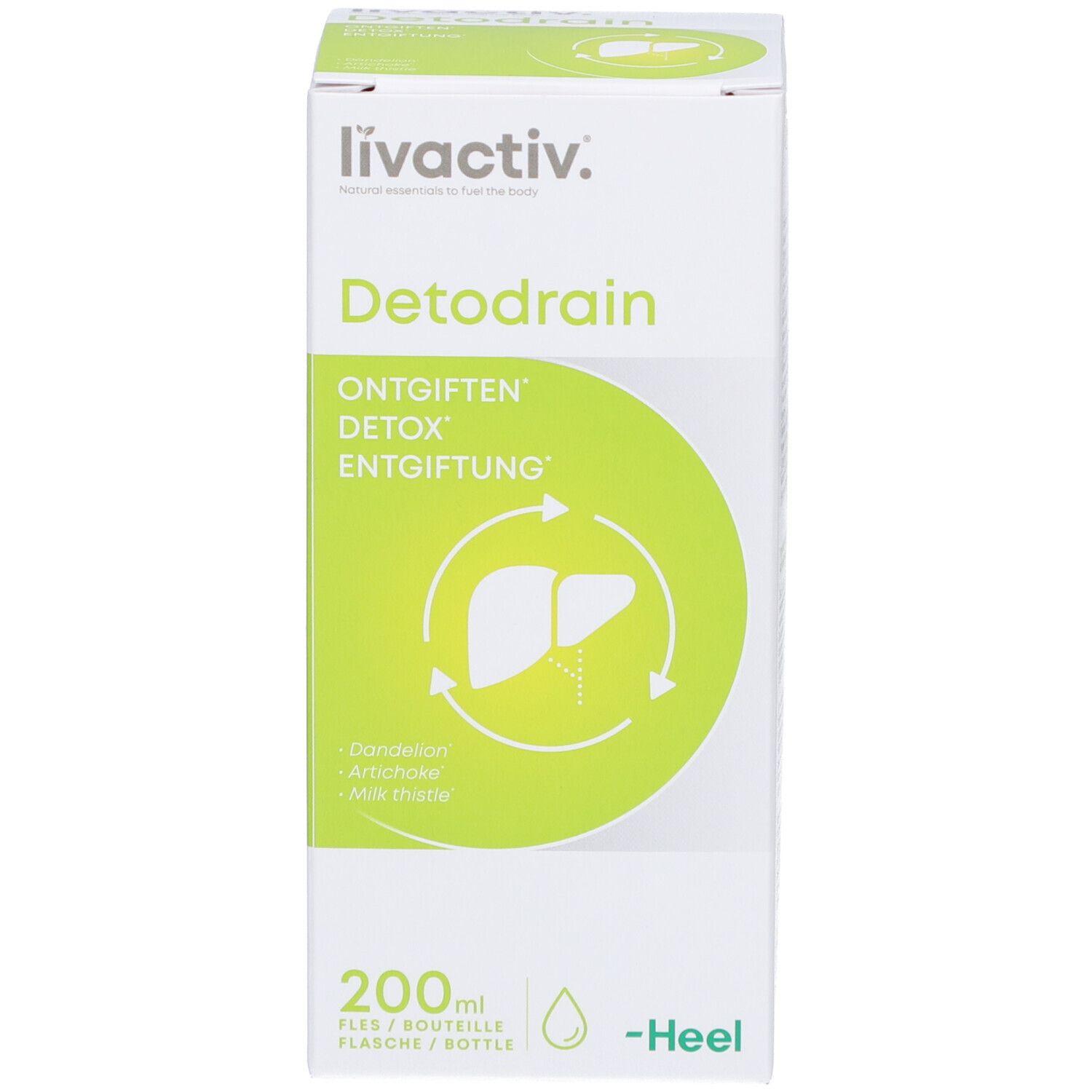 Weiße Verpackung mit Aufschrift: livactiv. Detodrain. Grün-weißes Etikett mit Leber-Symbol. -Heel.