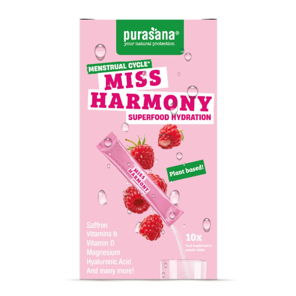 Boîte rose avec image du produit, framboises et sachet. Texte: Miss Harmony, Superfood Hydration.