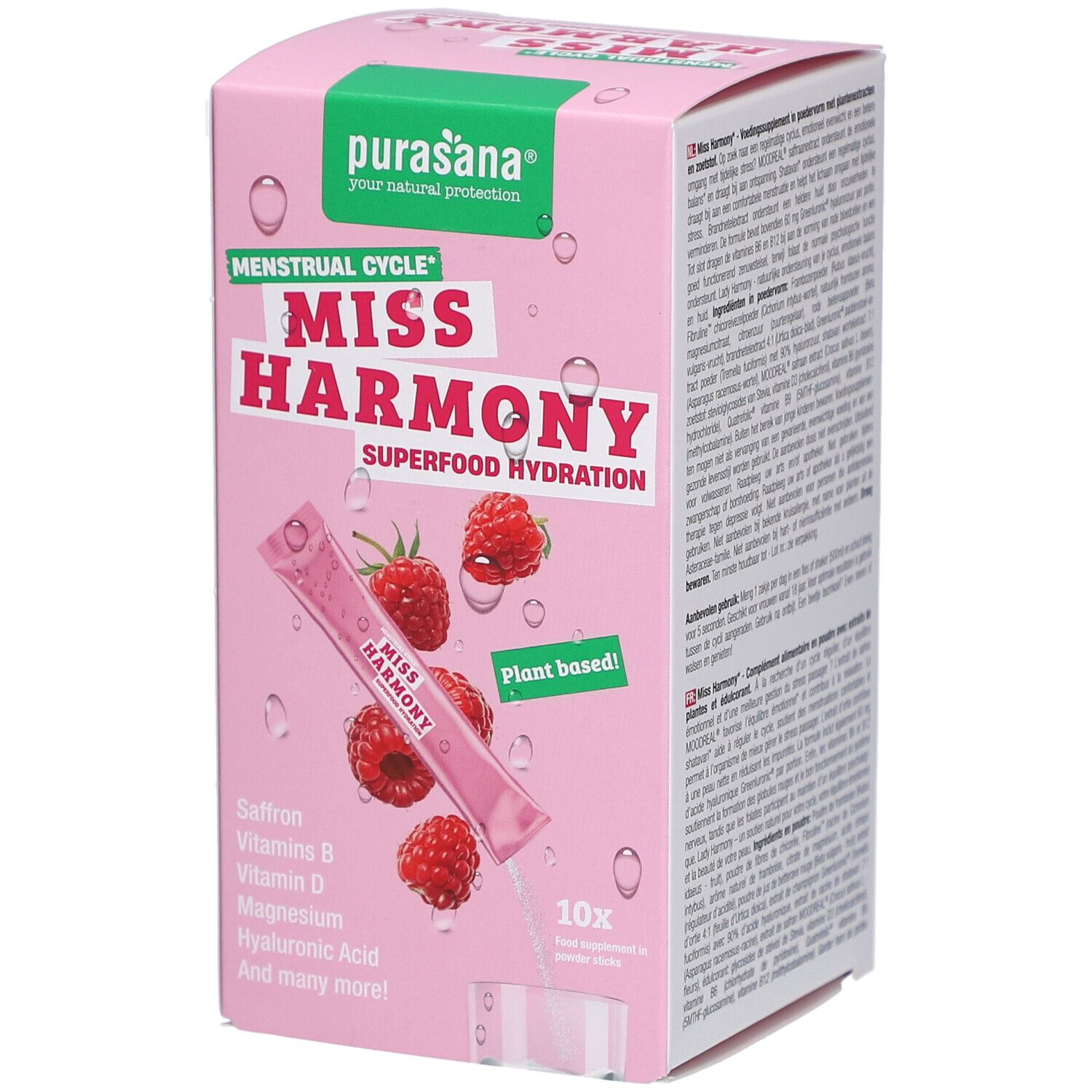 Rosa Schachtel mit Produktabbildung, Himbeeren und einem Beutel. Text: Miss Harmony, Superfood Hydration.