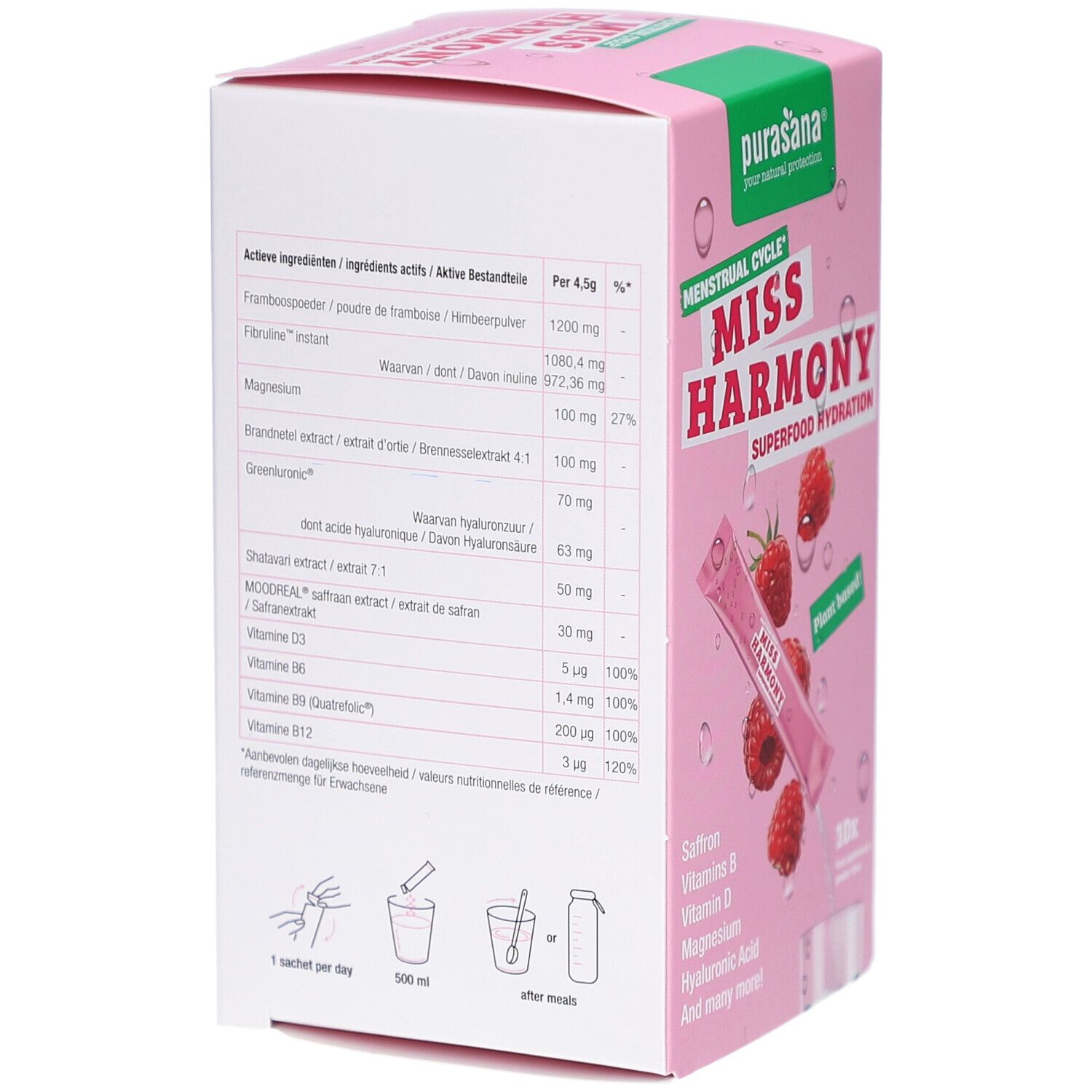 Rückseite der rosa Schachtel mit Inhaltsstoffliste. Text: Miss Harmony, Superfood Hydration.