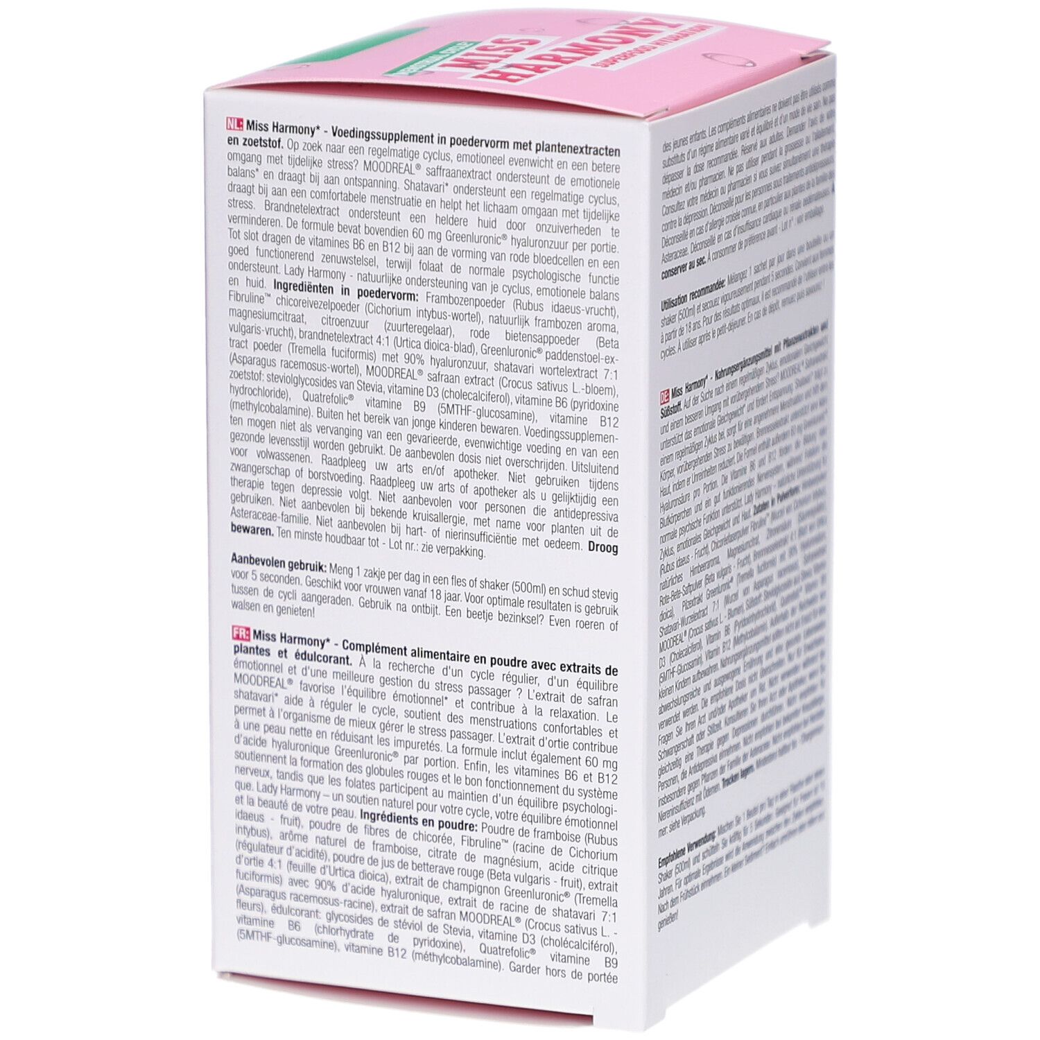 Rosa Schachtel mit Text und Produktinformationen. Text: Miss Harmony, Superfood Hydration.