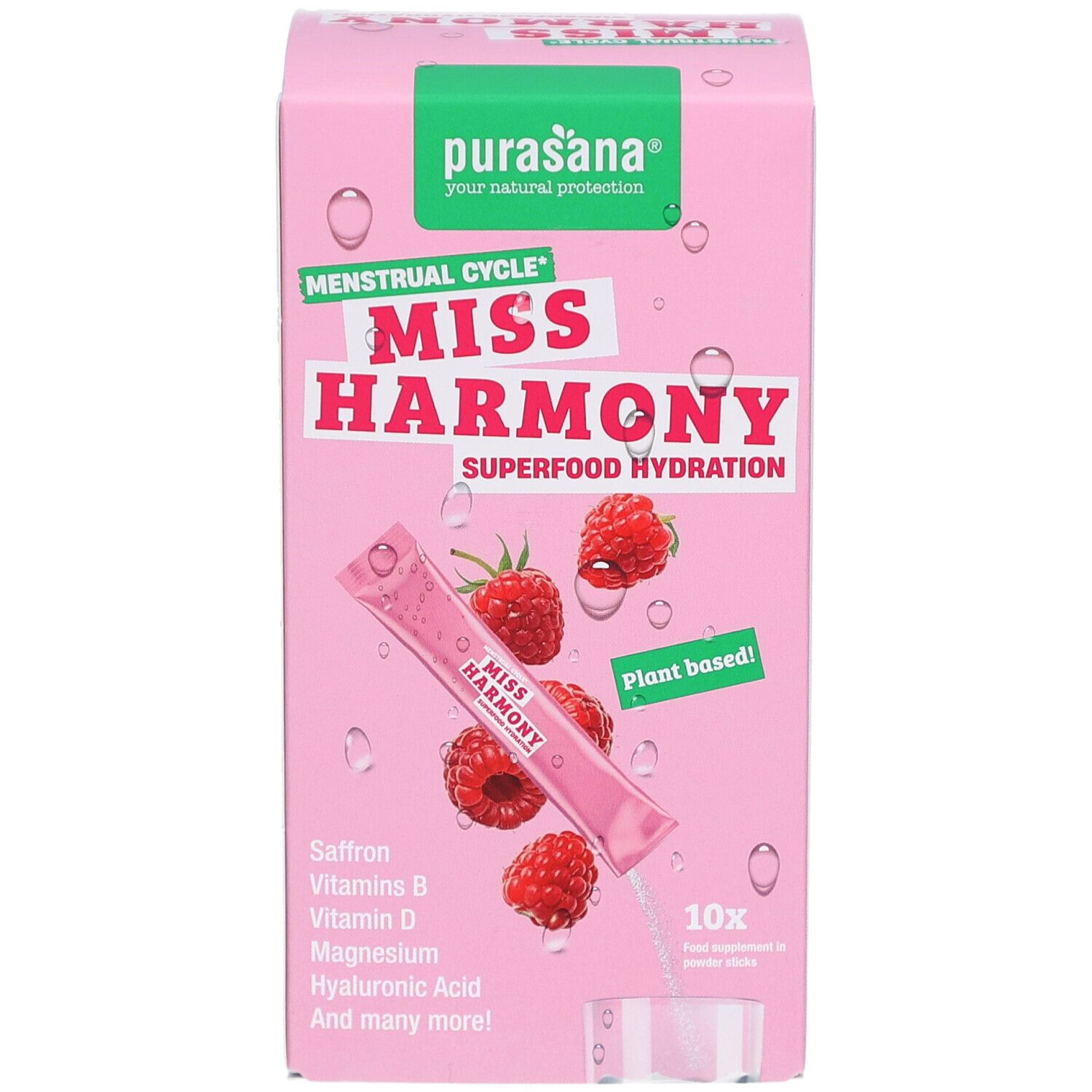 Rosa Schachtel mit Produktabbildung, Himbeeren und einem Beutel. Text: Miss Harmony, Superfood Hydration.