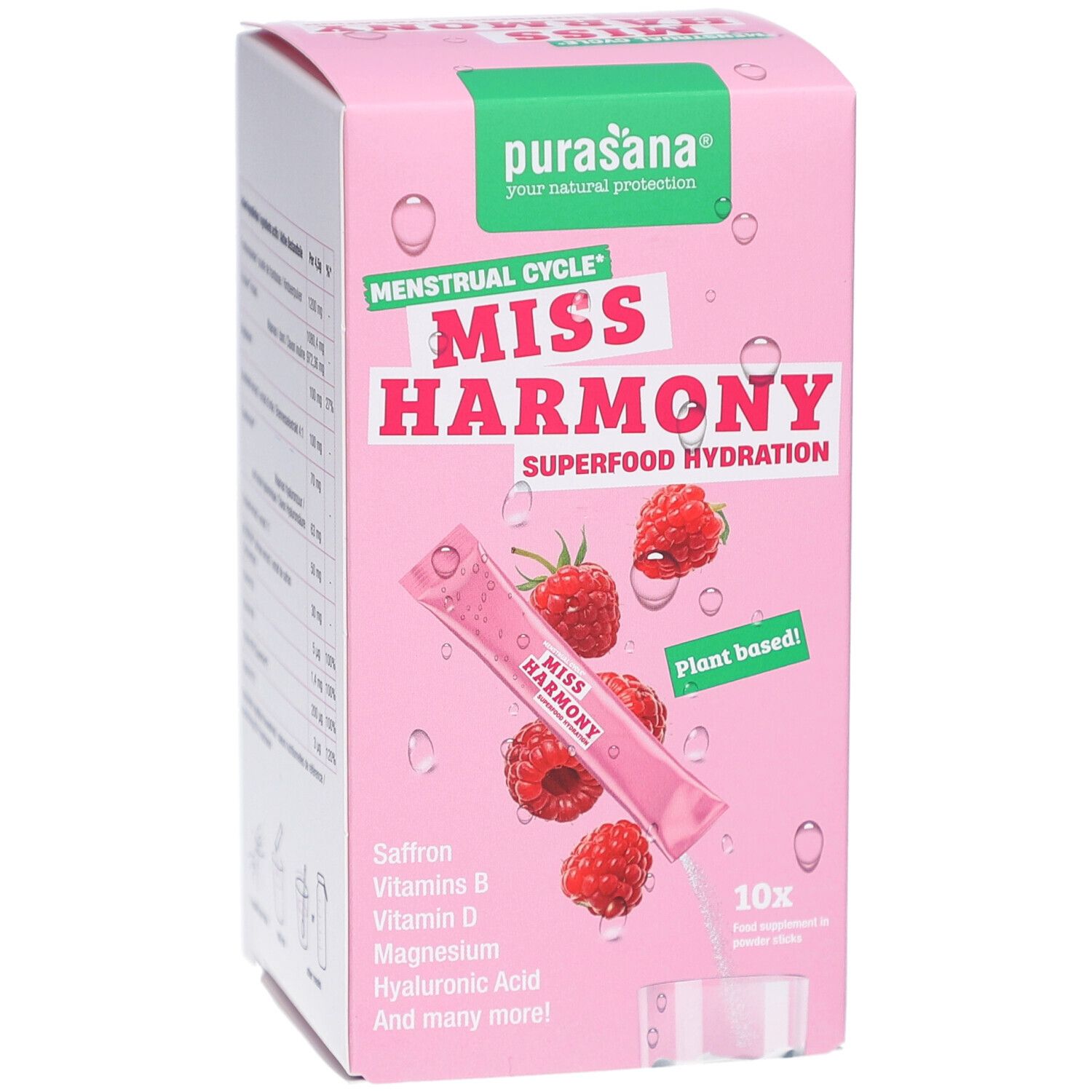 Rosa Schachtel mit Produktabbildung, Himbeeren und einem Beutel. Text: Miss Harmony, Superfood Hydration.