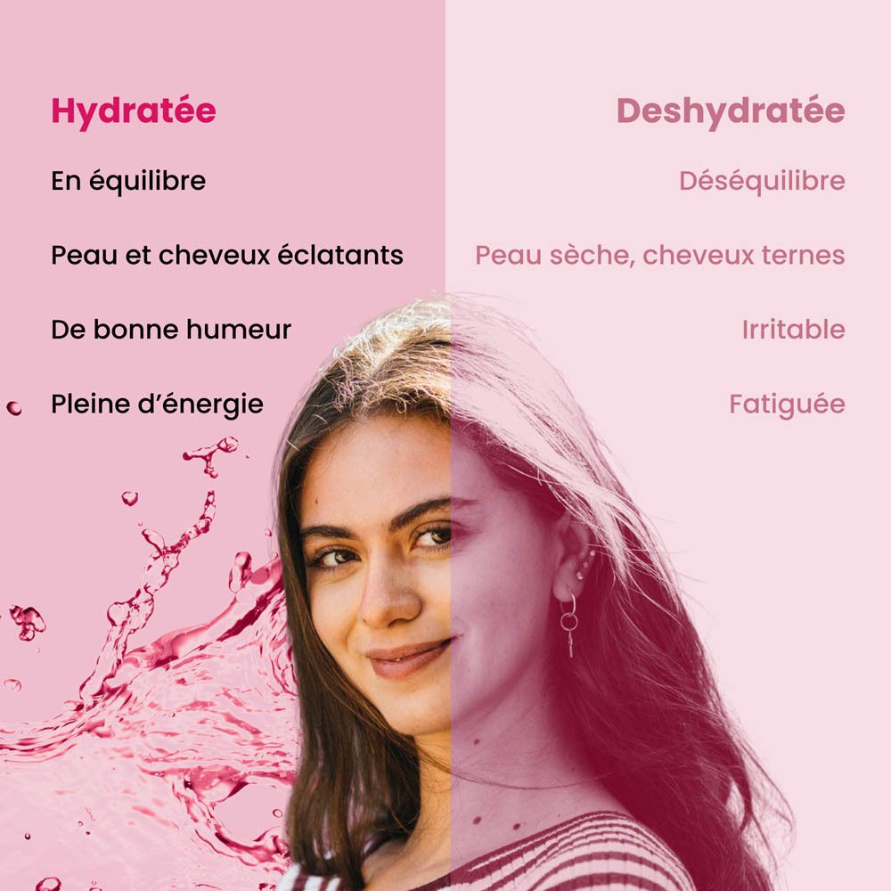 Boîte rose avec image du produit, framboises et sachet. Texte: Miss Harmony, Superfood Hydration.