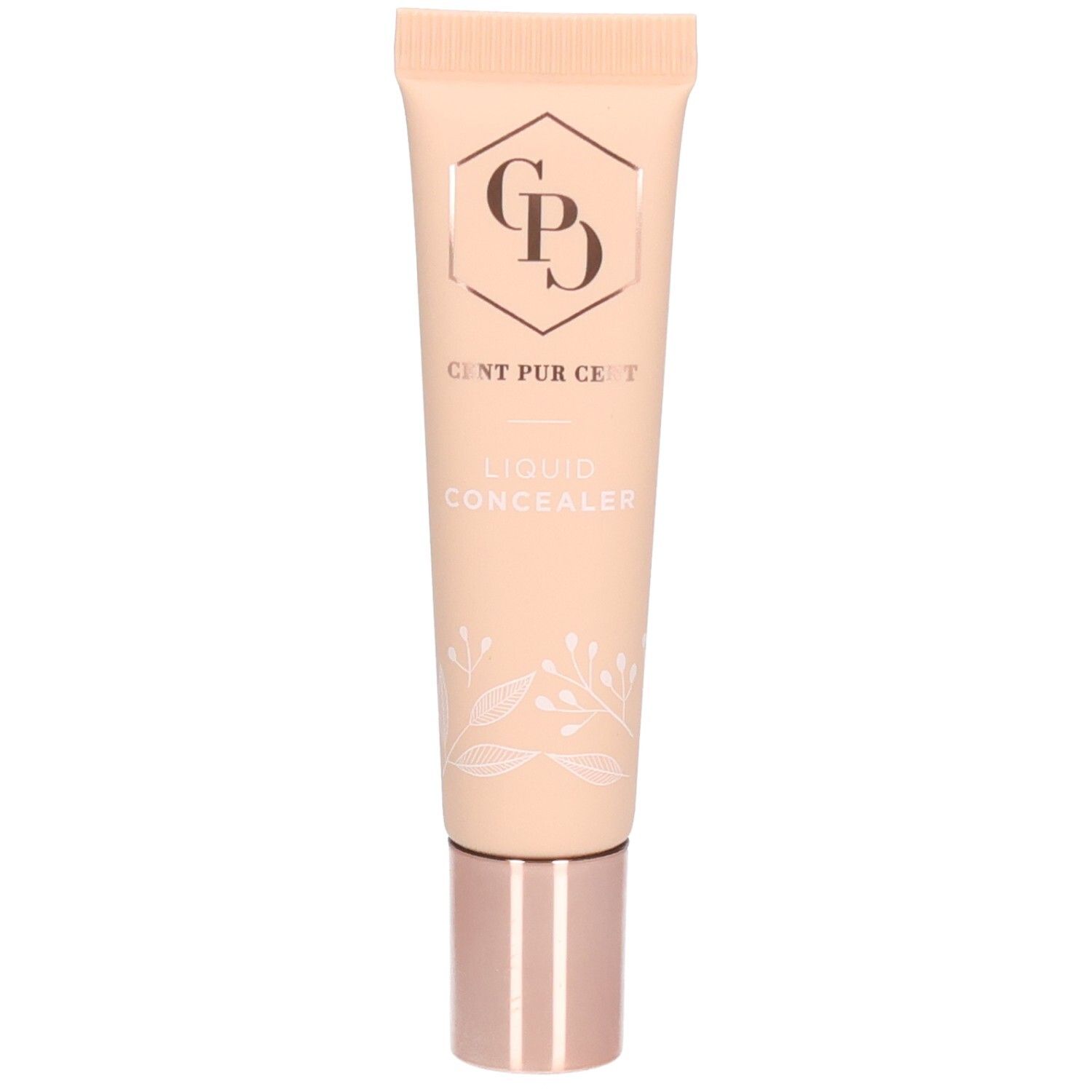 Beige Tube mit roségoldfarbenem Deckel. Aufschrift: Cent Pur Cent, Liquid Concealer. Floral-Dekor.