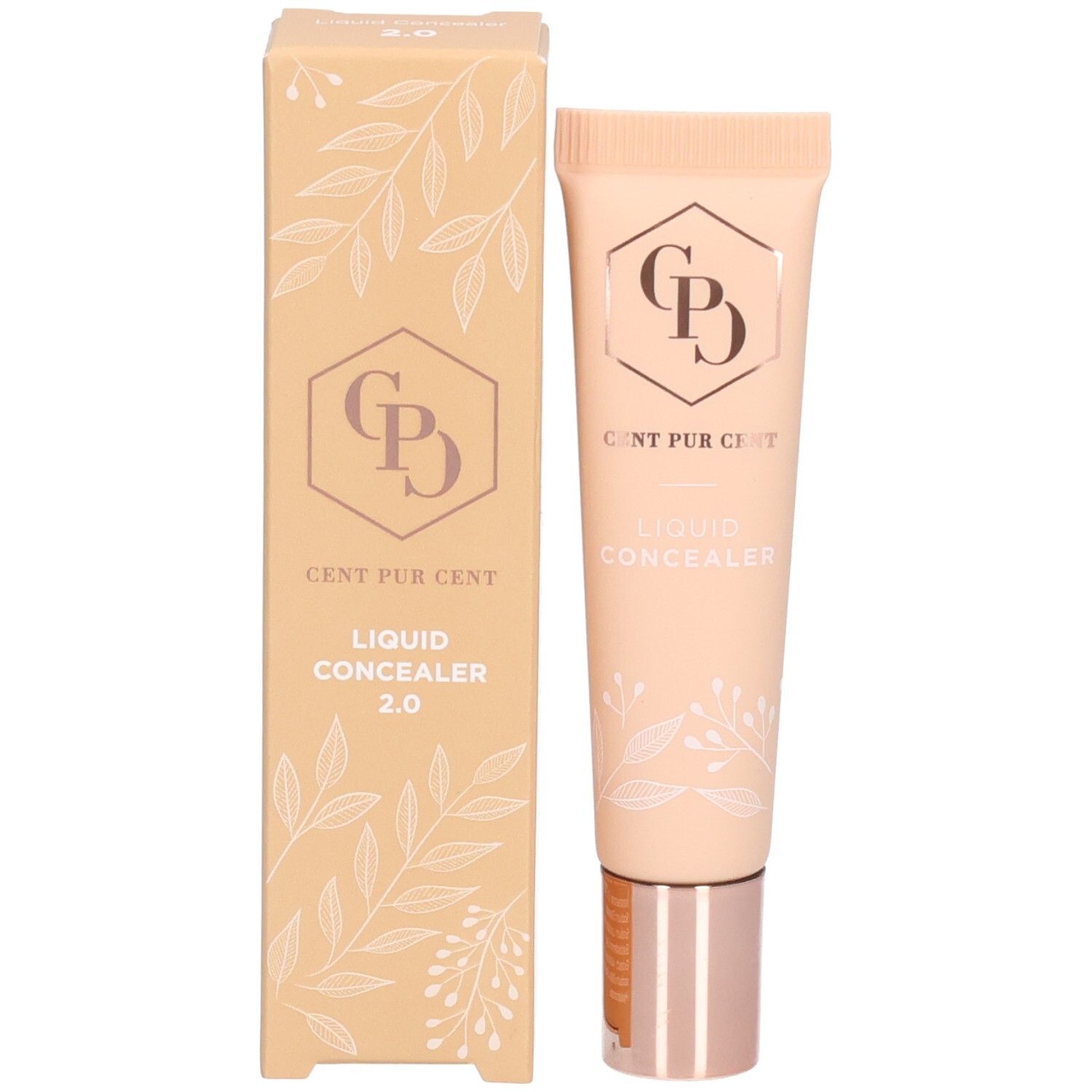 Tube und Verpackung. Aufschrift: Cent Pur Cent, Liquid Concealer 2.0. Beige Verpackung mit floralem Muster.