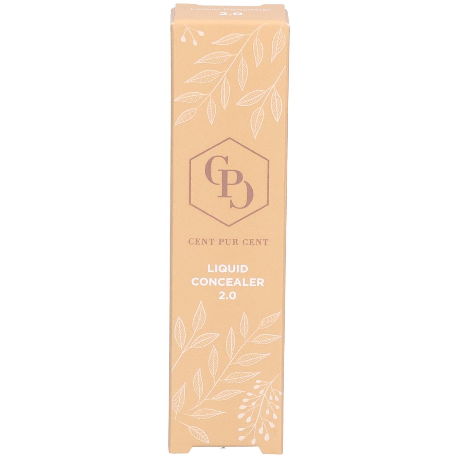 Verpackung. Aufschrift: Cent Pur Cent, Liquid Concealer 2.0. Beige mit floralem Muster.