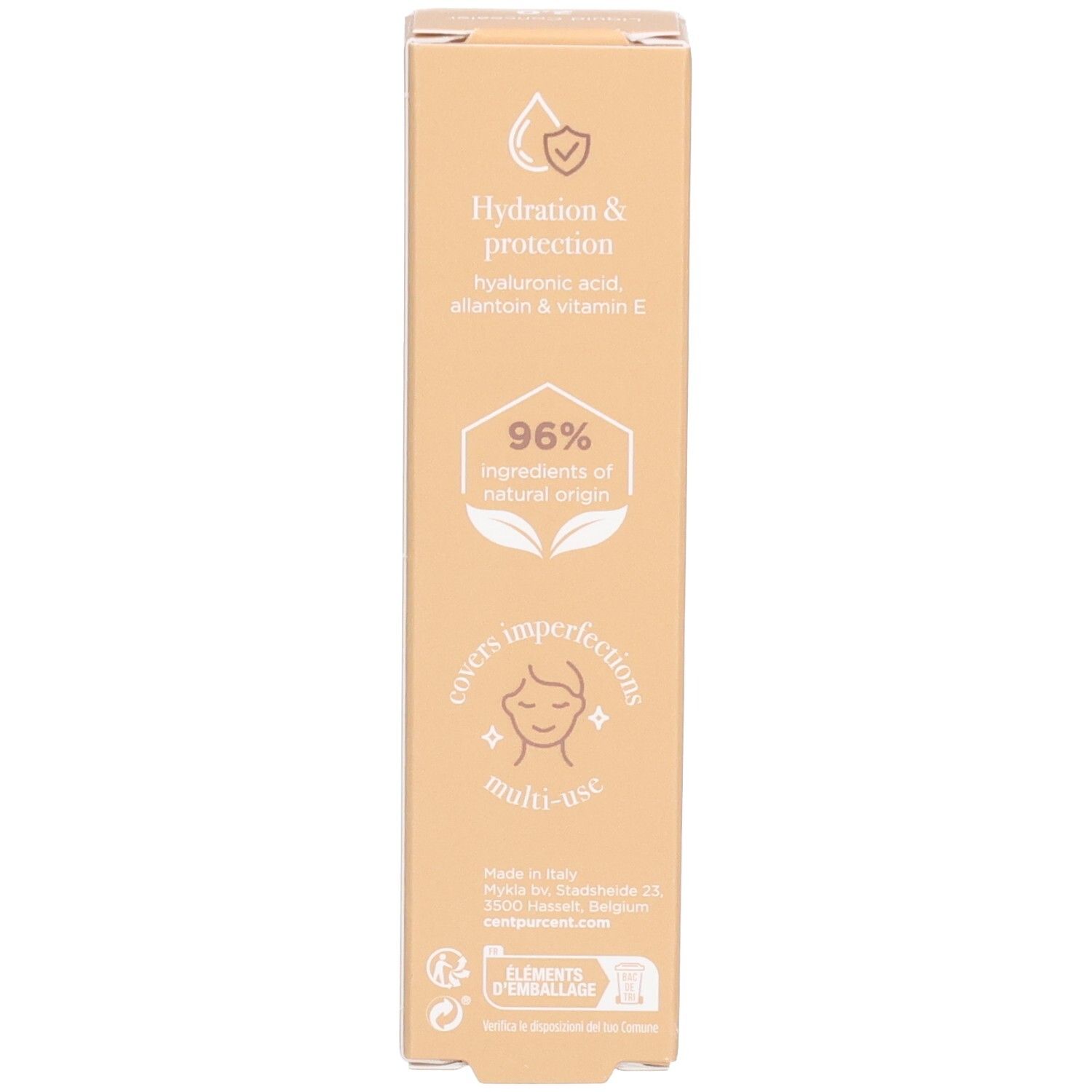Verpackung. Aufschrift: Hydratation & Schutz, 96% natürlichen Ursprungs. Beige.