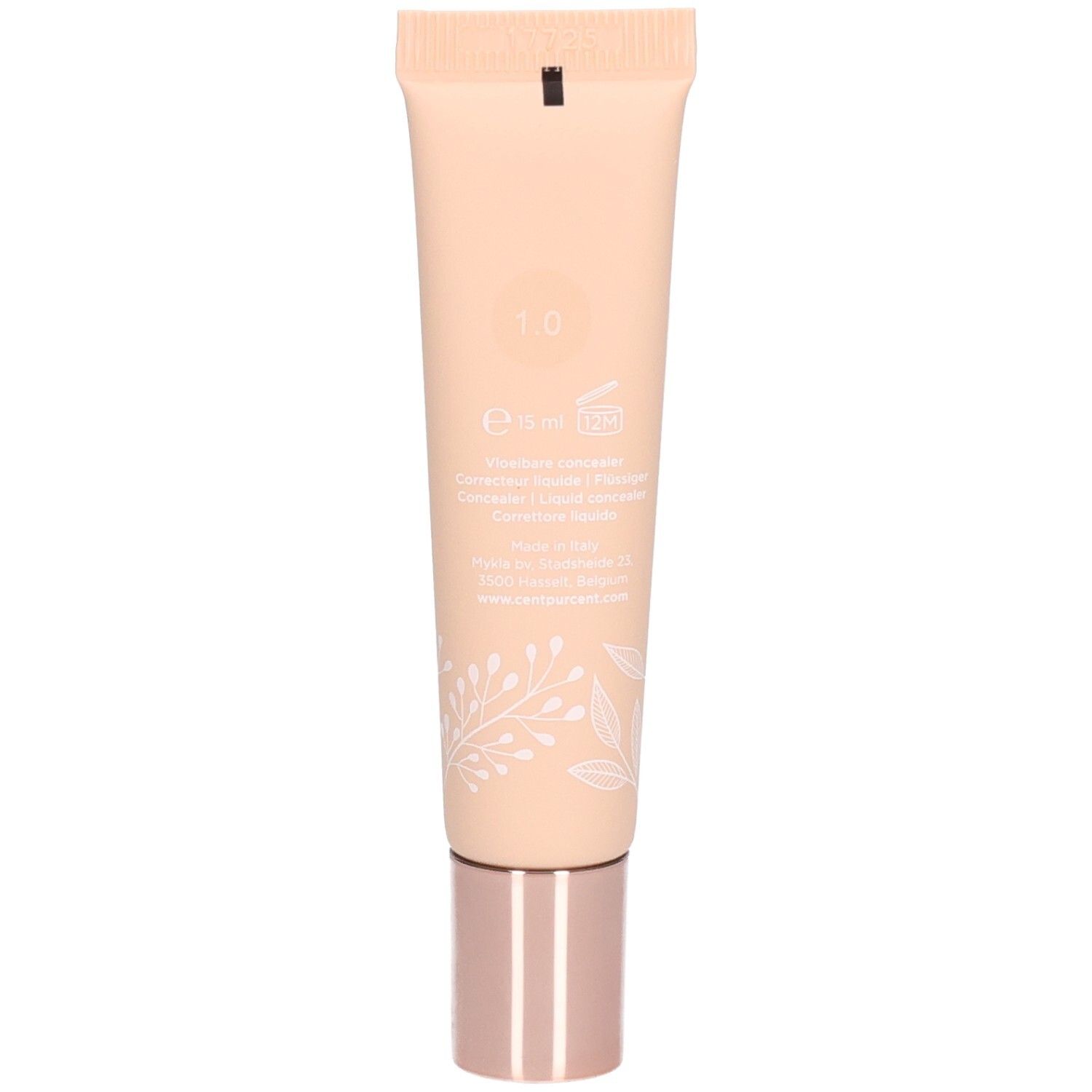 Rückseite des Cent Pur Cent Flüssiger Concealer 1.0 Schlauchs mit Produktinformationen und floralem Muster.