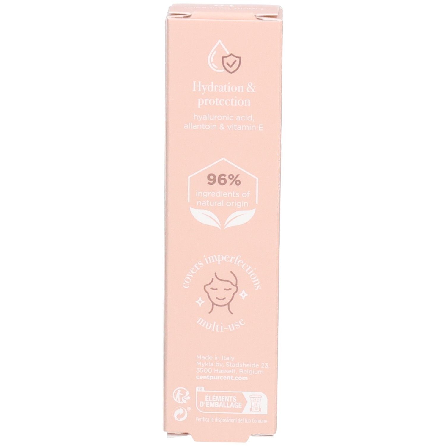 Seite der Cent Pur Cent Flüssiger Concealer 1.0 Verpackung mit Hinweisen zu Feuchtigkeit, Schutz und Inhaltsstoffen.