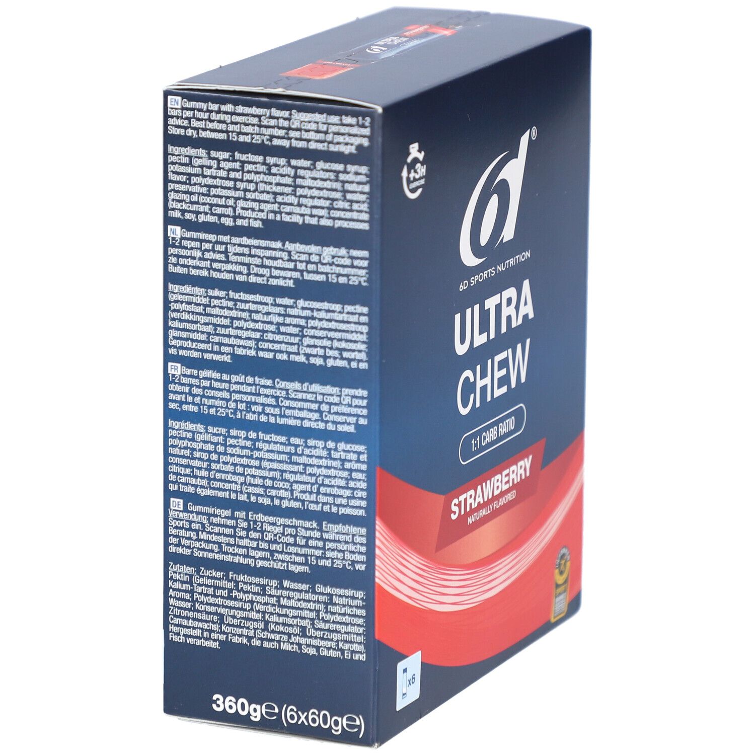 6d Sports Nutrition Ultra Chew Fraise. Karton mit Zutatenliste und Nährwertangaben. Erdbeergeschmack, 1:1 Kohlenhydrat-Verhältnis.