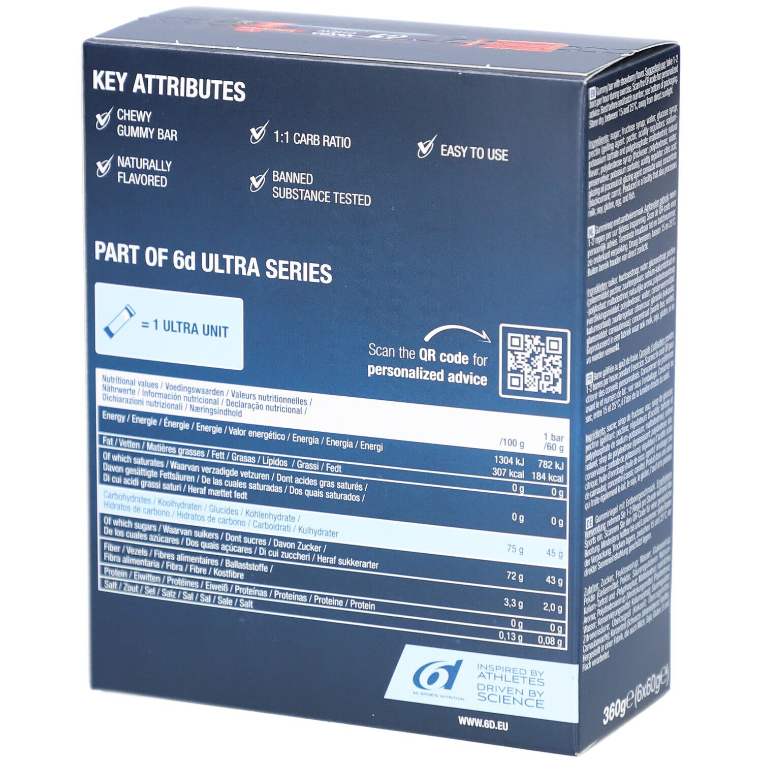6d Sports Nutrition Ultra Chew Fraise. Rückseite der Verpackung mit Nährwertangaben und QR-Code. 1:1 Kohlenhydrat-Verhältnis.