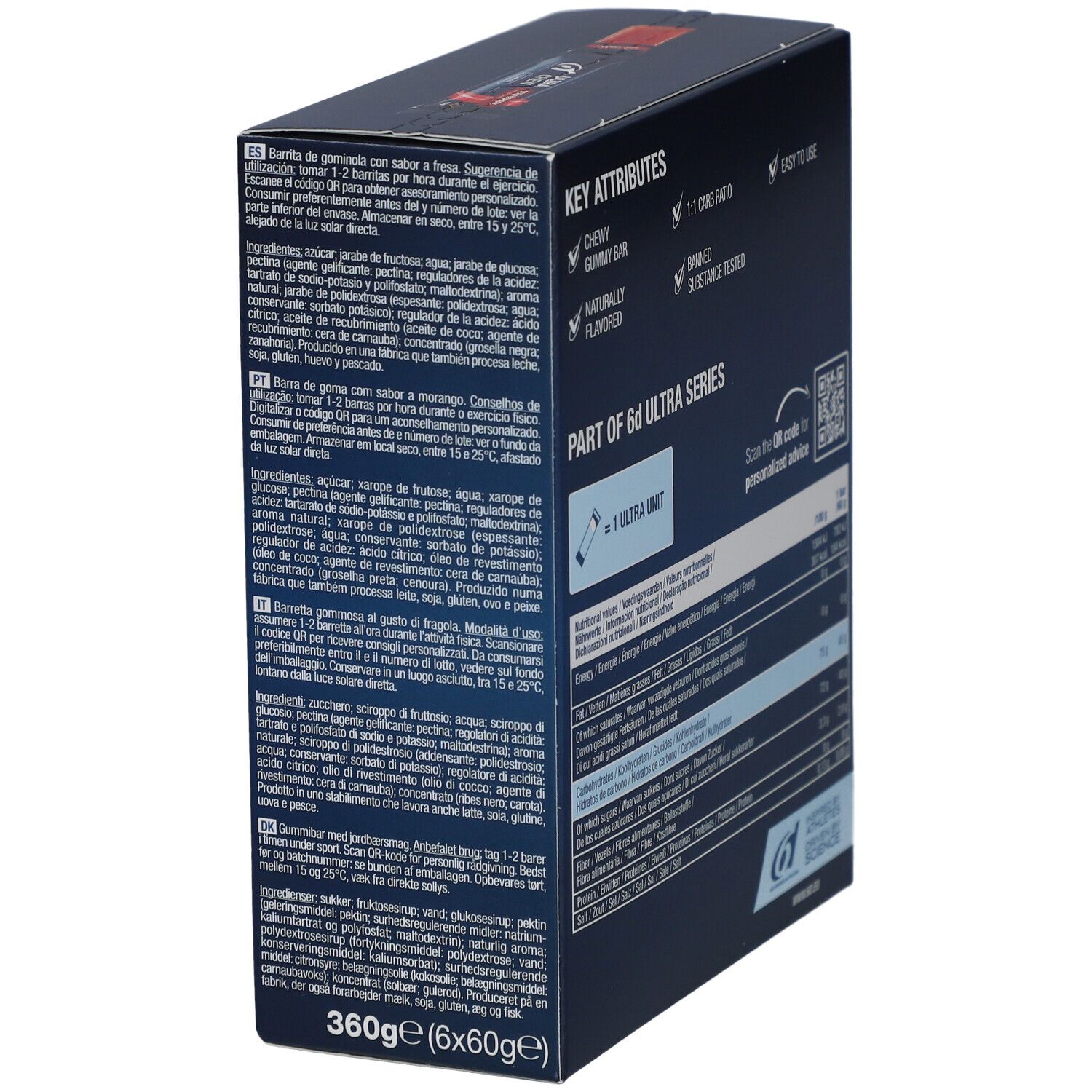 6d Sports Nutrition Ultra Chew Fraise. Rückseite der Verpackung mit Nährwertangaben und QR-Code. 1:1 Kohlenhydrat-Verhältnis.