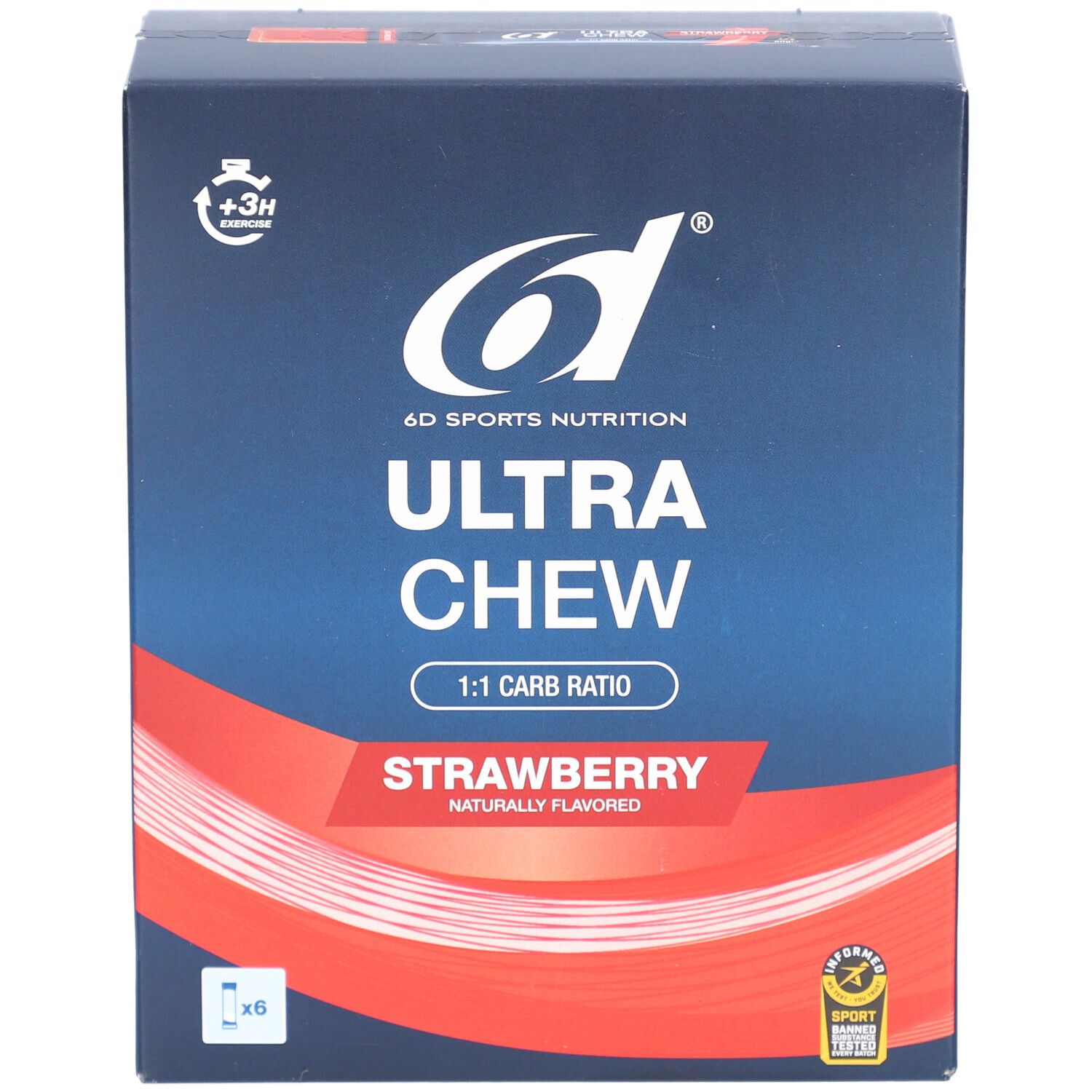 6d Sports Nutrition Ultra Chew Fraise. Karton mit Produktinformationen und Logo. Erdbeergeschmack, 1:1 Kohlenhydrat-Verhältnis.
