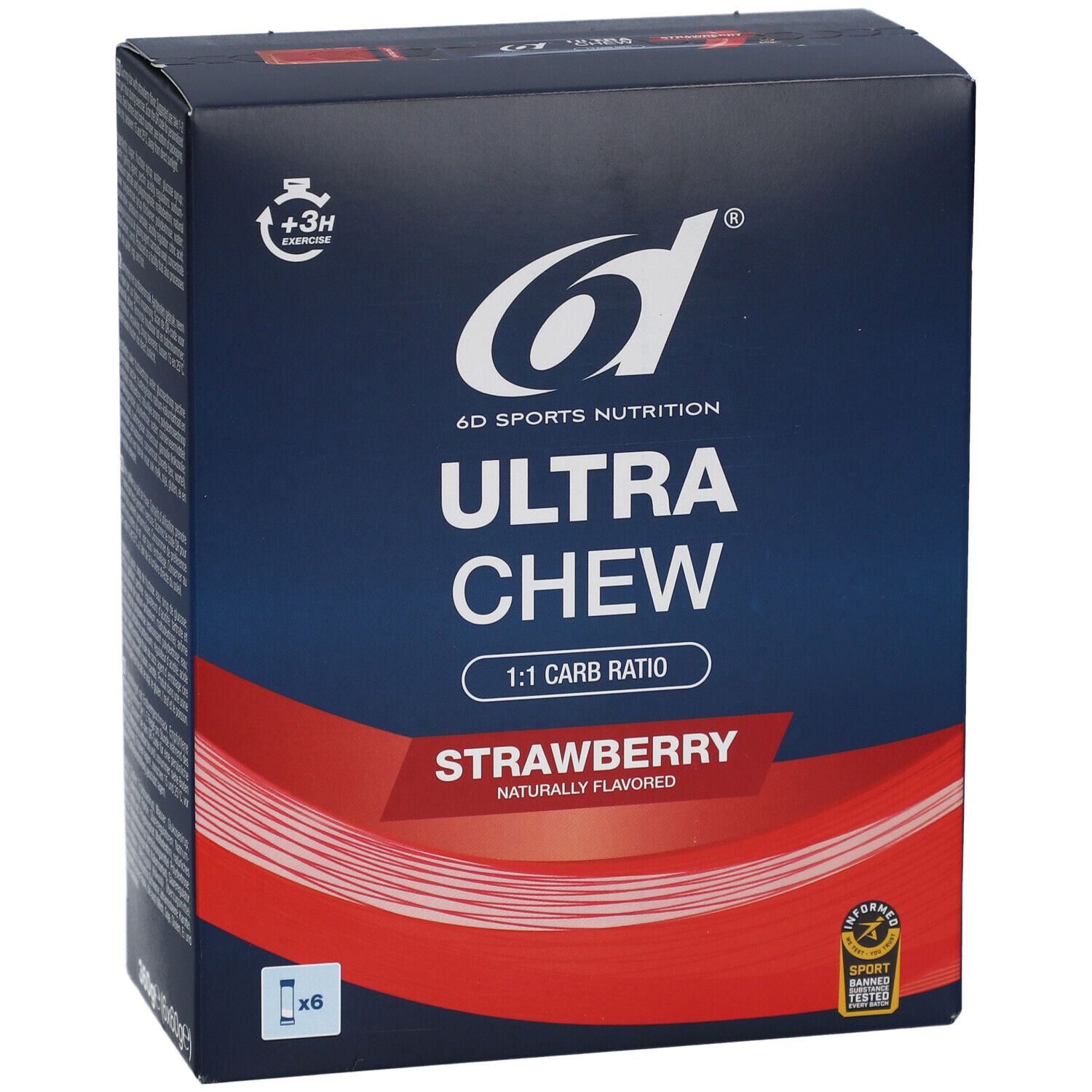 6d Sports Nutrition Ultra Chew Fraise. Karton mit Produktinformationen und Logo. Erdbeergeschmack, 1:1 Kohlenhydrat-Verhältnis.
