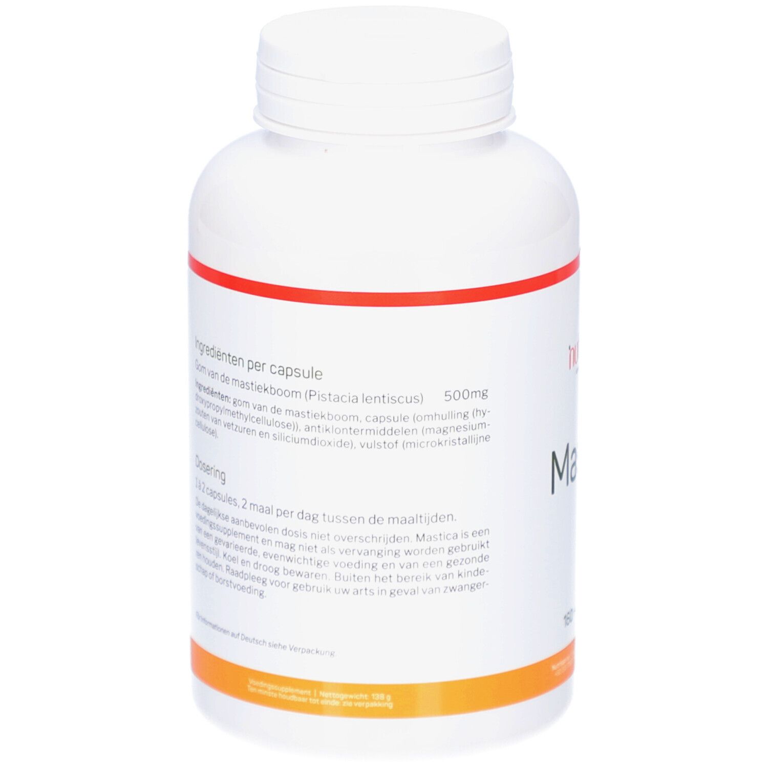 Rückseite der weißen Flasche. Text mit Inhaltsstoffen und Dosierung. Roter und orangefarbener Streifen.