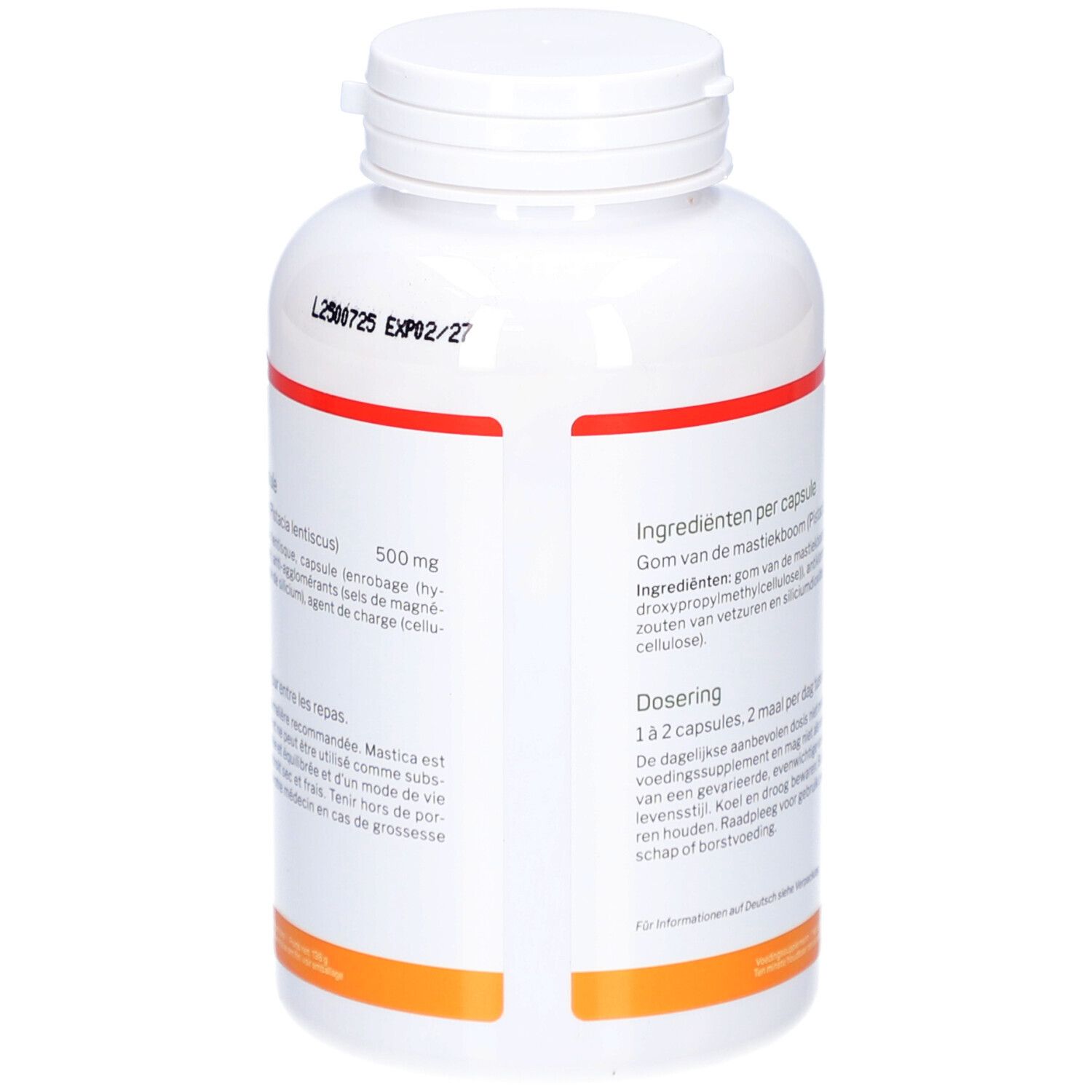 Rückseite der weißen Flasche. Text mit Inhaltsstoffen und Dosierung. Roter und orangefarbener Streifen. Haltbarkeitsdatum.