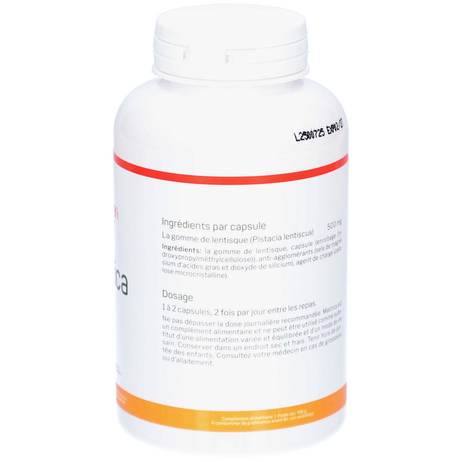 Rückseite der weißen Flasche. Text mit Inhaltsstoffen und Dosierung. Roter und orangefarbener Streifen. Haltbarkeitsdatum.