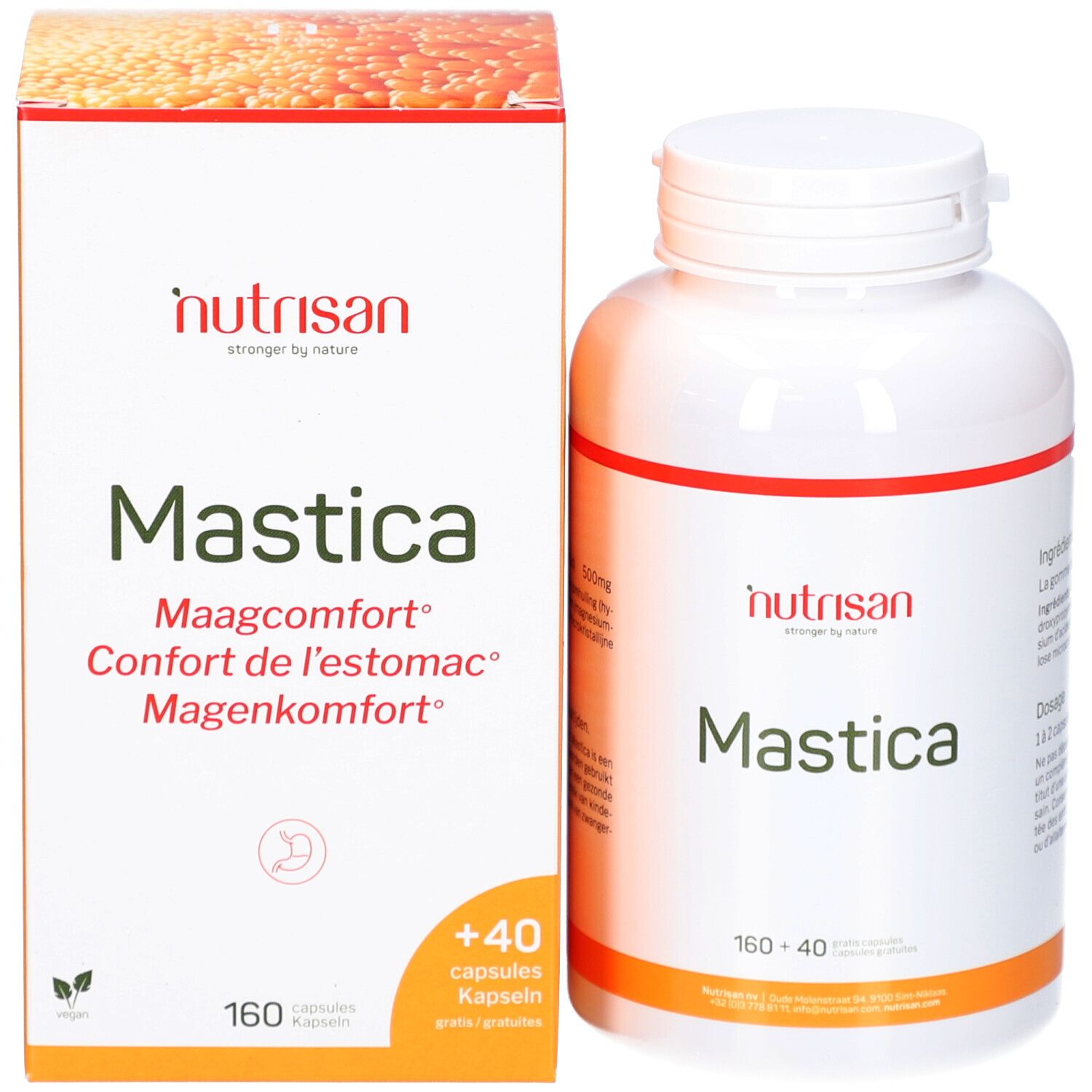 Produktverpackung mit Flasche. Aufschrift: Nutrisan Mastica, 160+40. Kapseln. Maagcomfort, Confort de l'estomac, Magenkomfort.