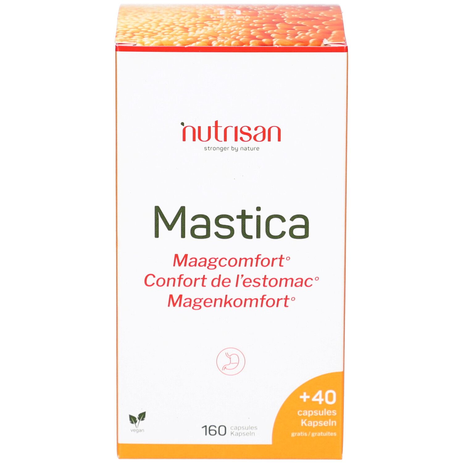 Produktverpackung. Aufschrift: Nutrisan Mastica, 160+40. Kapseln. Maagcomfort, Confort de l'estomac, Magenkomfort.