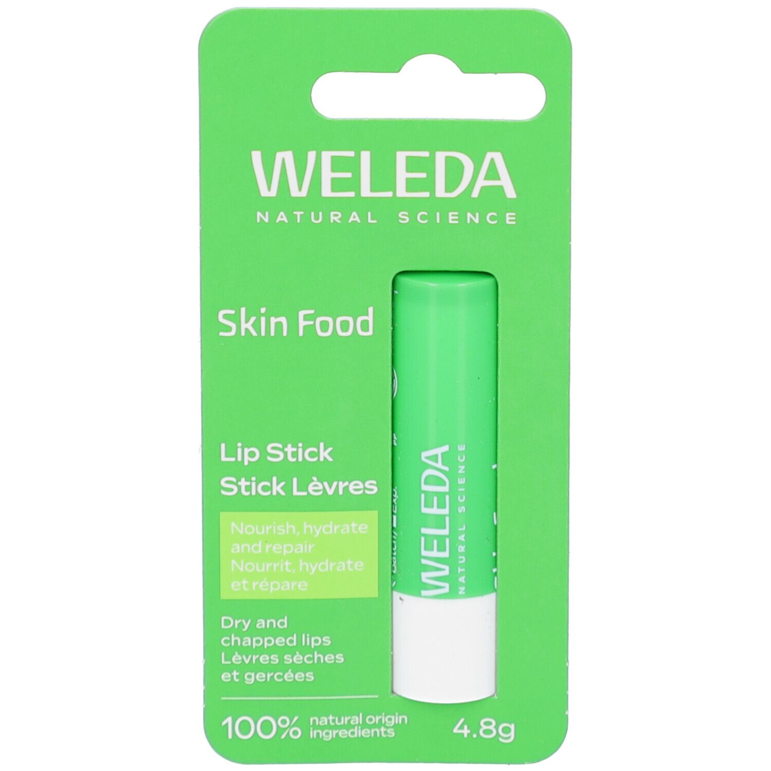 Grüner Lippenpflegestift in Blisterverpackung. Aufschrift: Weleda, Skin Food, Lip Stick, 4.8g. Trockene, rissige Lippen.