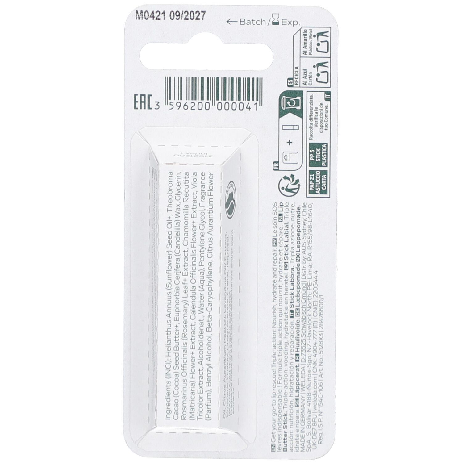 Rückseite der Blisterverpackung. Enthält Inhaltsstoffe, Chargennummer, Verfallsdatum und Recycling-Symbole. EAN-Code.